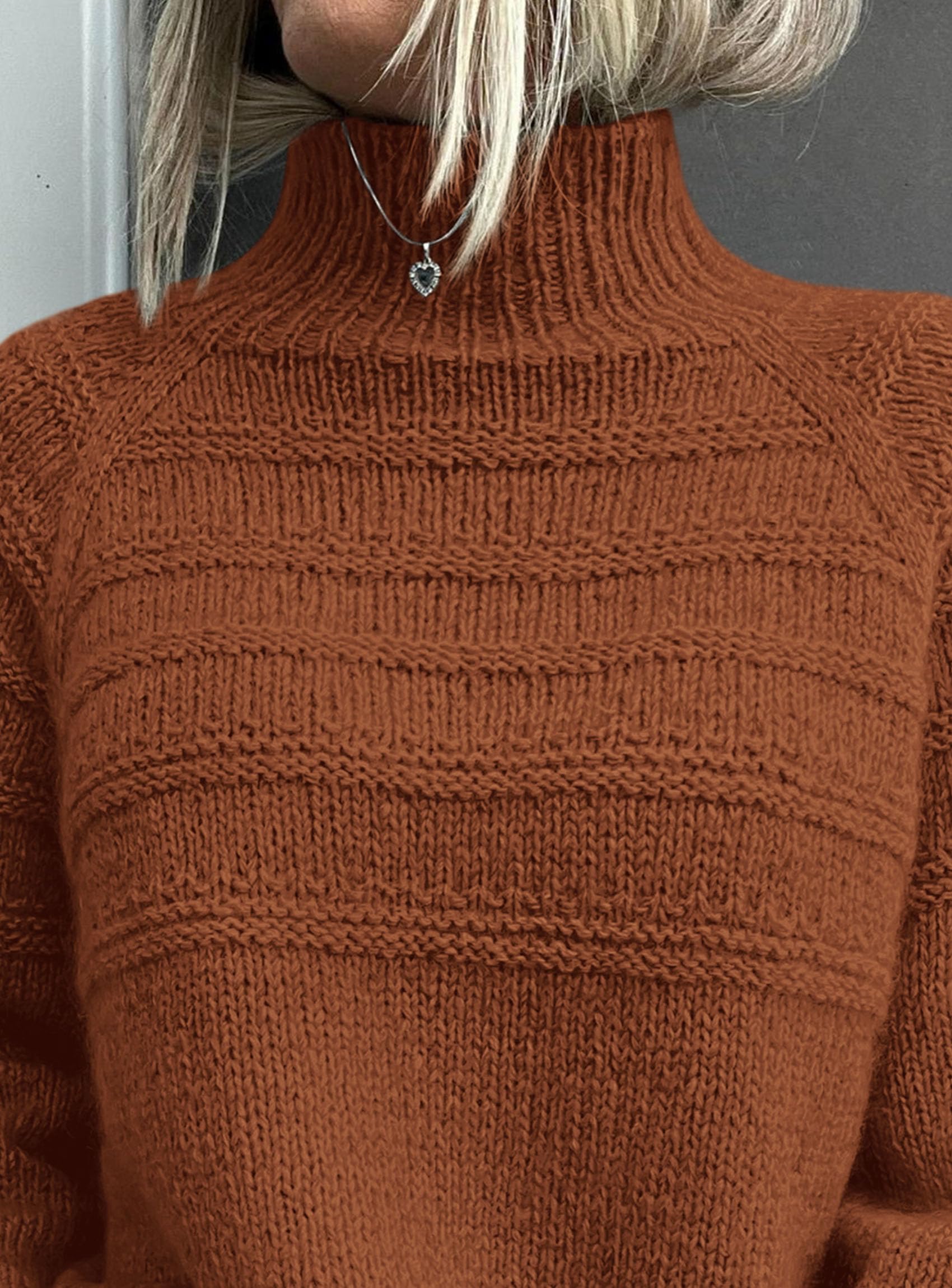 Women's Chunky Knit Mock Neck Pullover Sweaters,Caramel,S