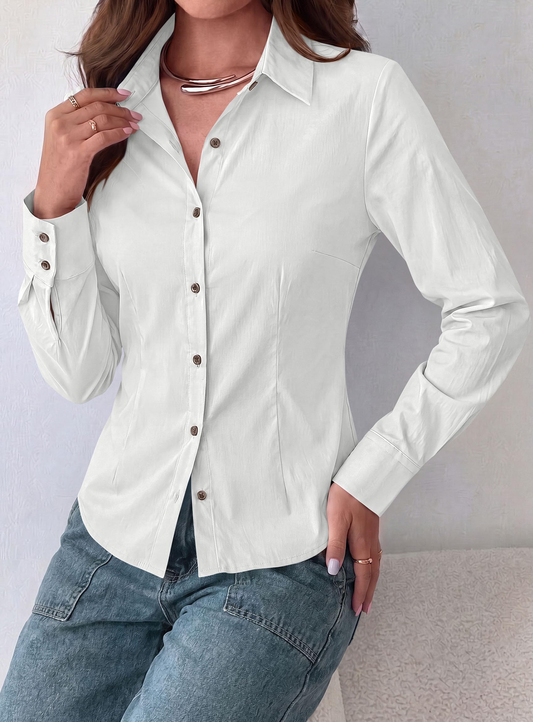 Womens Button Down Shirts Long Sleeve Blouse (White,S)