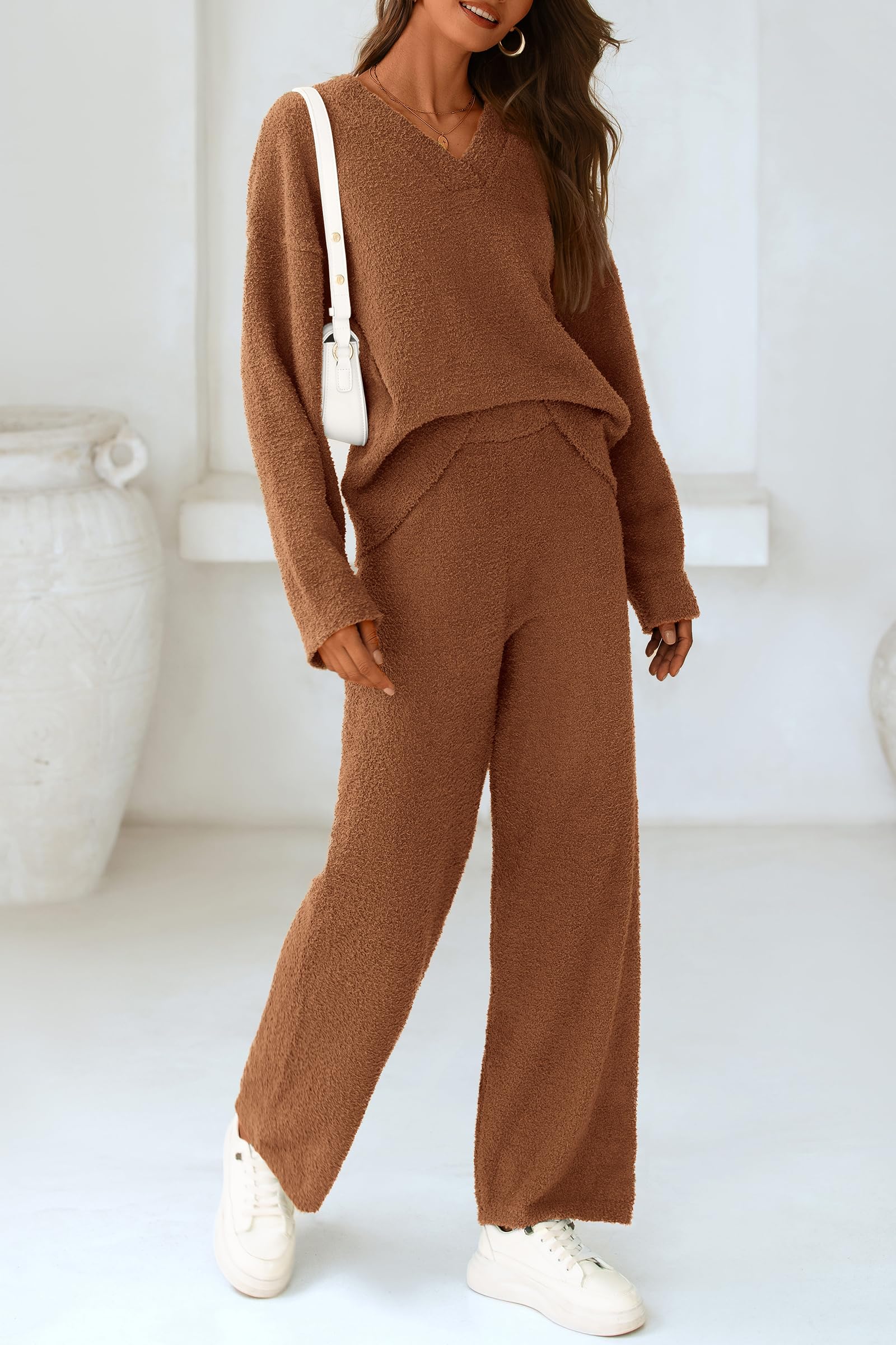 Lounge Sets for Women Fall 2 Piece Fuzzy Sweater Pajama Set