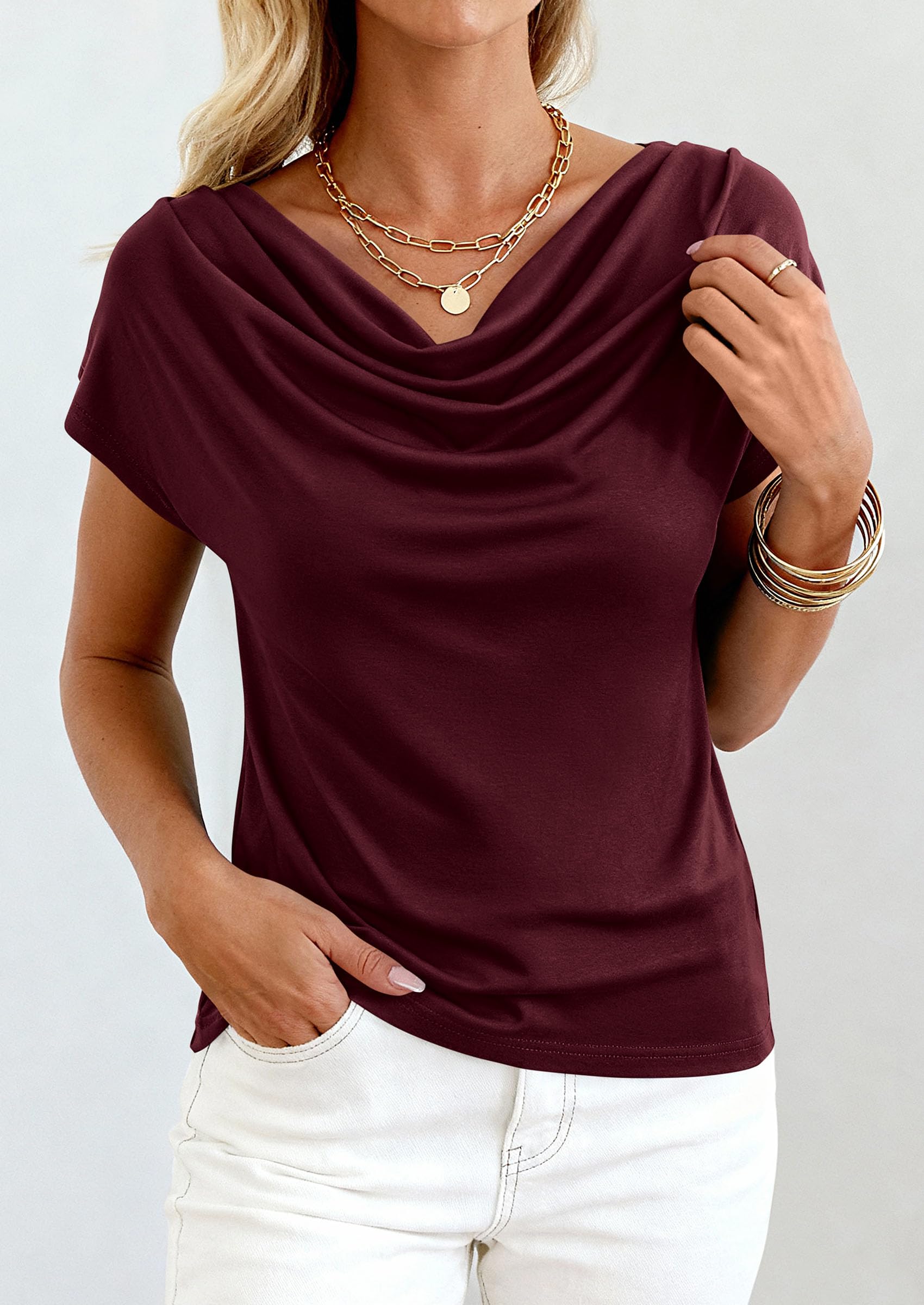 Womens Tops Dressy Business Casual Work Blouses, Burgundy,XS