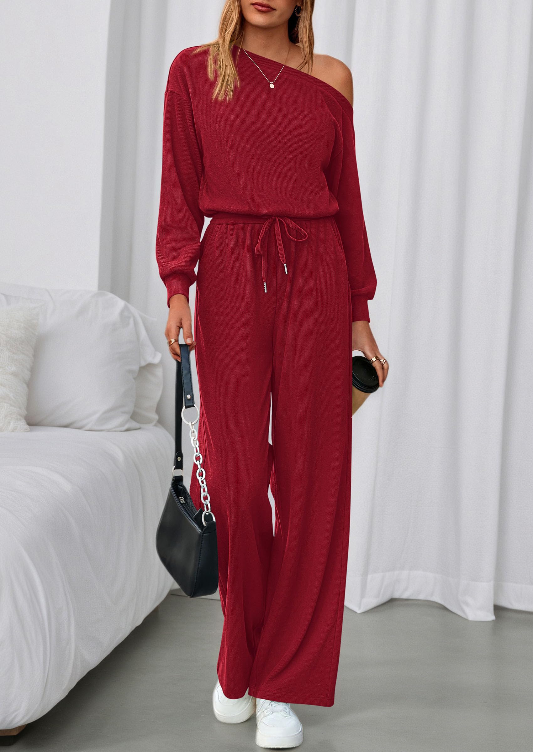 Womens Off Shoulder Long Sleeve Jumpsuit,Wine Red,S