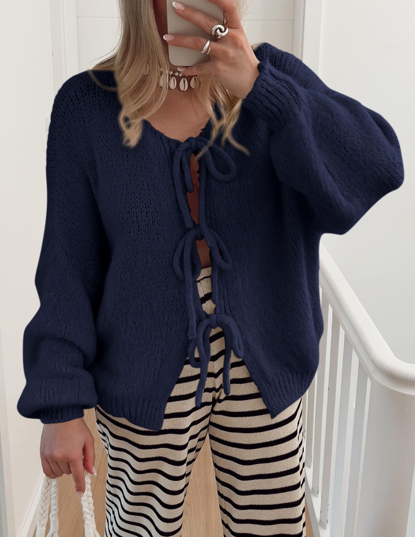 Women's Tie Front Bow Cardigan Sweaters(Navy,Small)