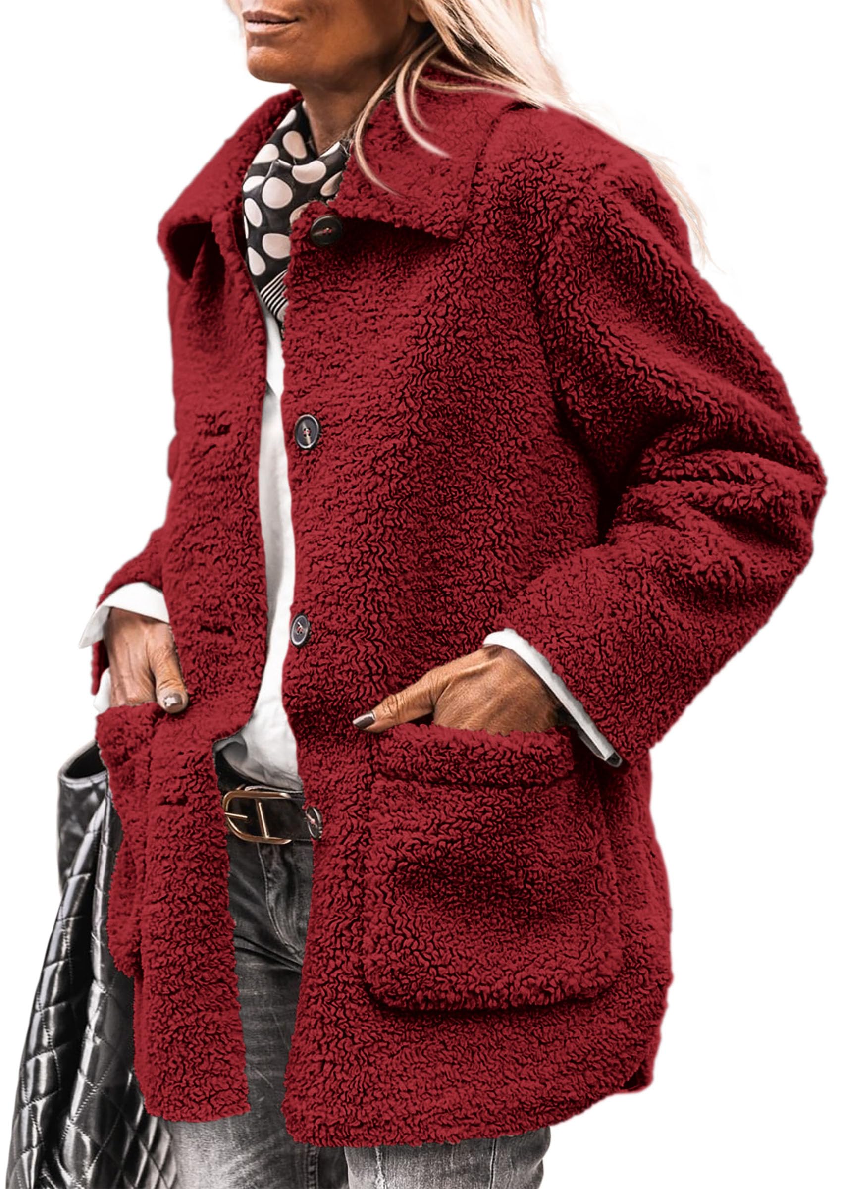 Women's Fleece Sherpa Coats Winter Outfits Jujube Red,S