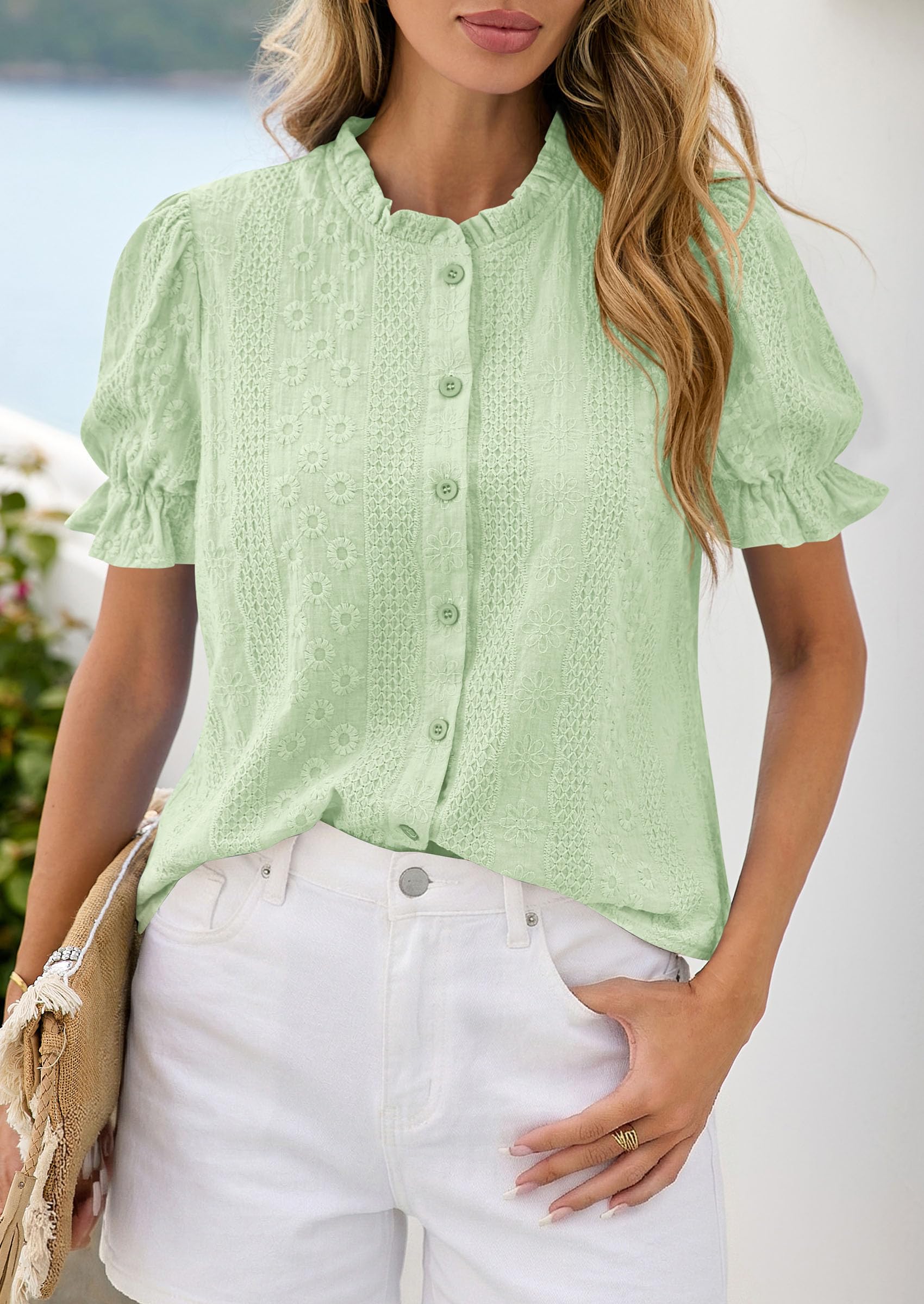 Womens Embroidered Puff Short Sleeve Tops,Light Green,S