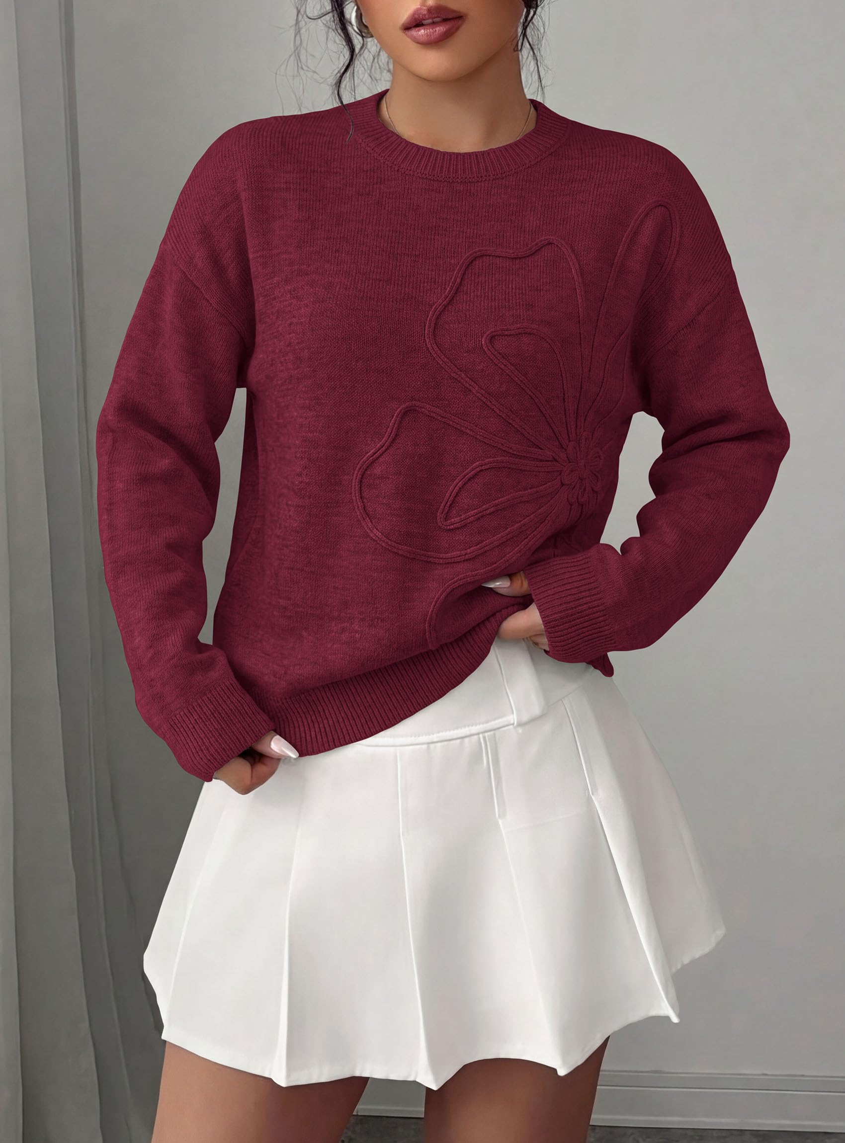 Sweaters for Women Fall Fashion Embroidered Floral Knit Tops