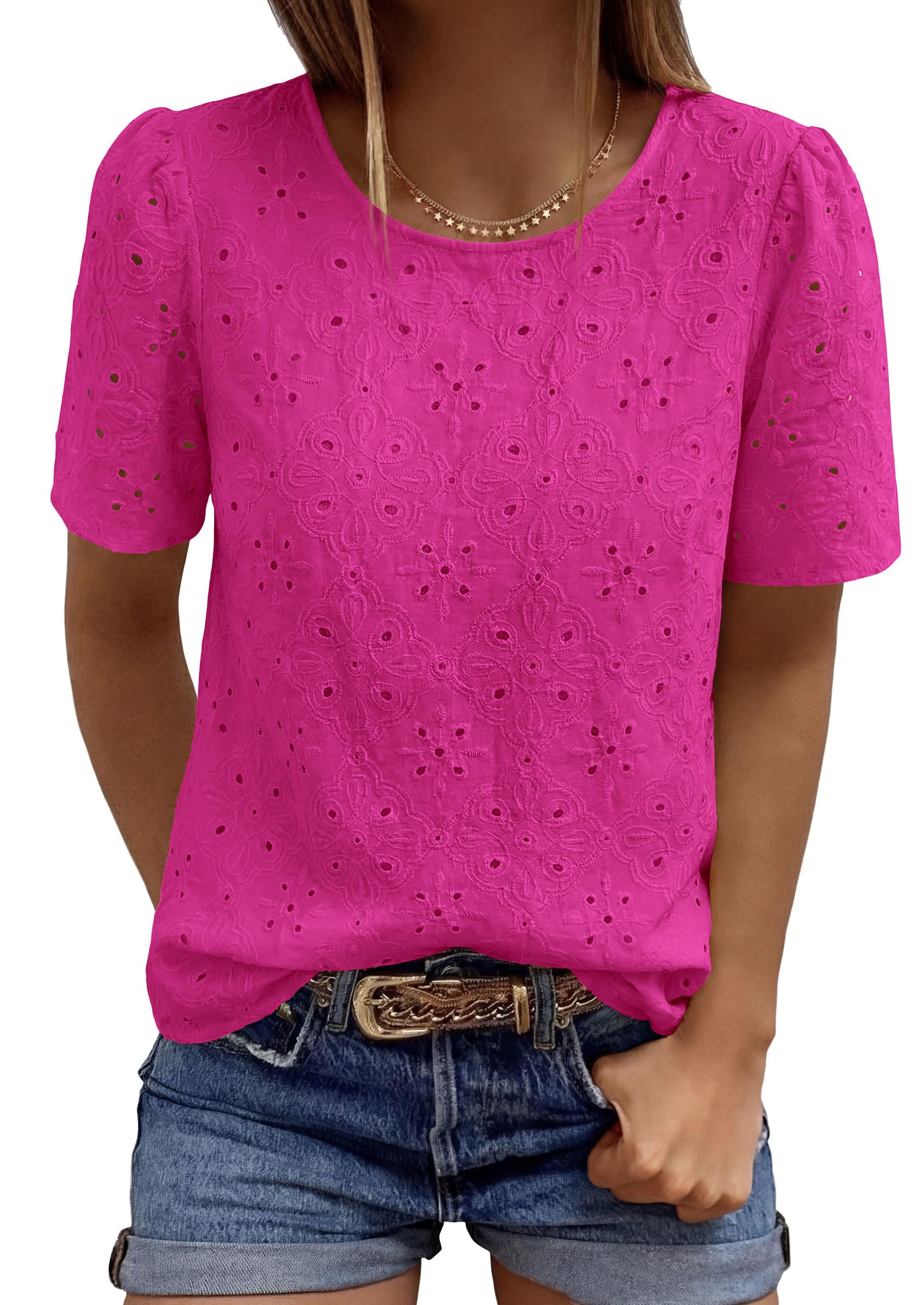 Women's Embroidered Eyelet Short Sleeve Blouse, Hot Pink,XS