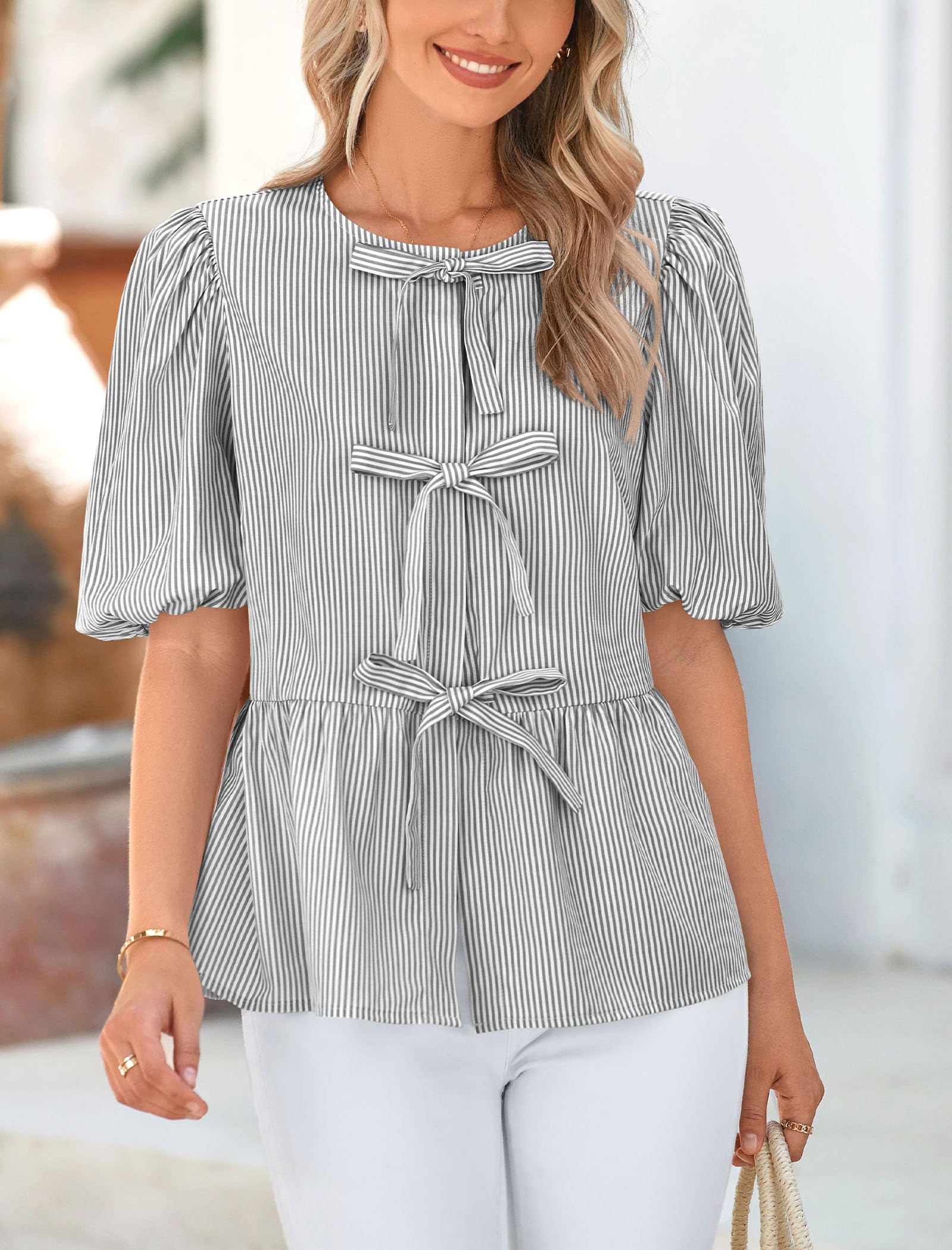 Women Striped Tie Front Babydoll Peplum Tops, Black,S