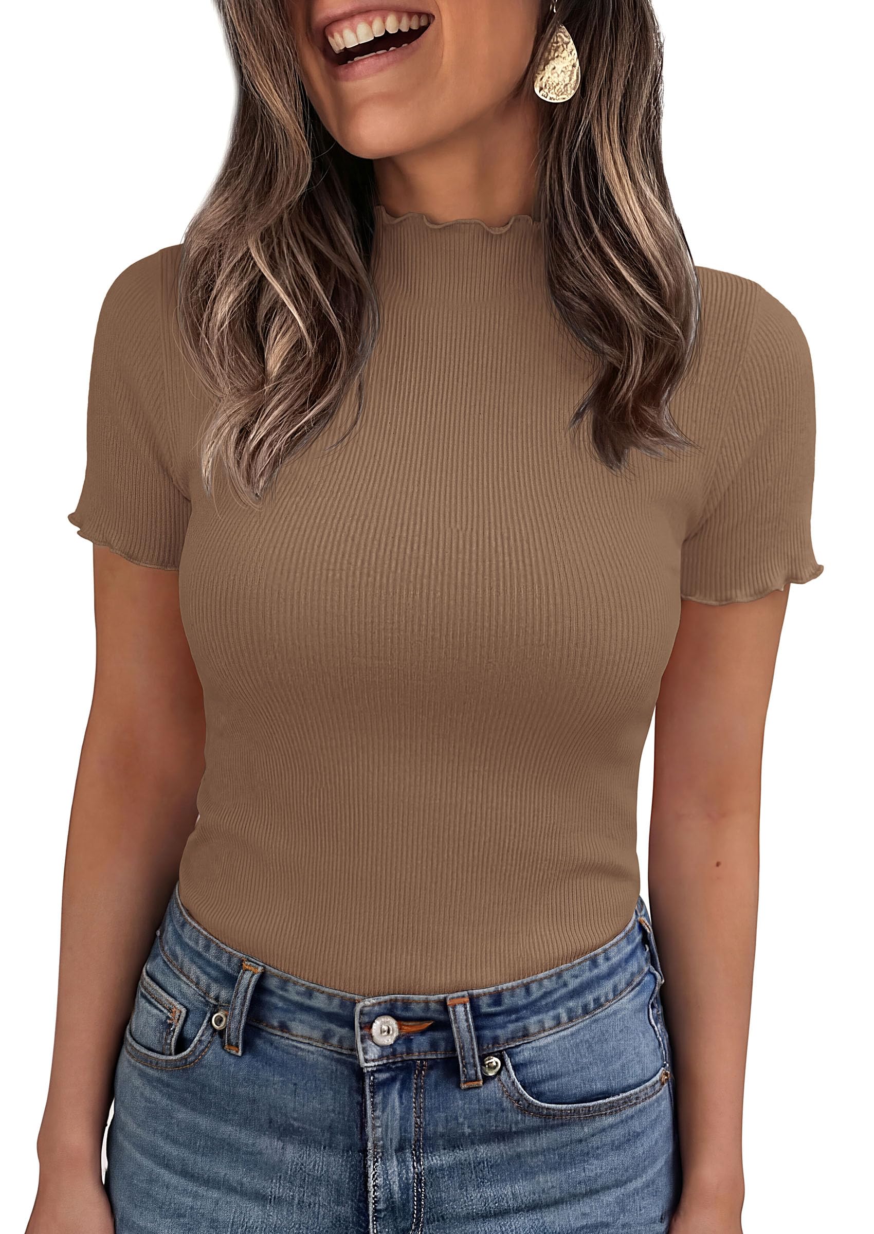 Women's Short Sleeve Ribbed Knit T Shirts, Light Brown,XS
