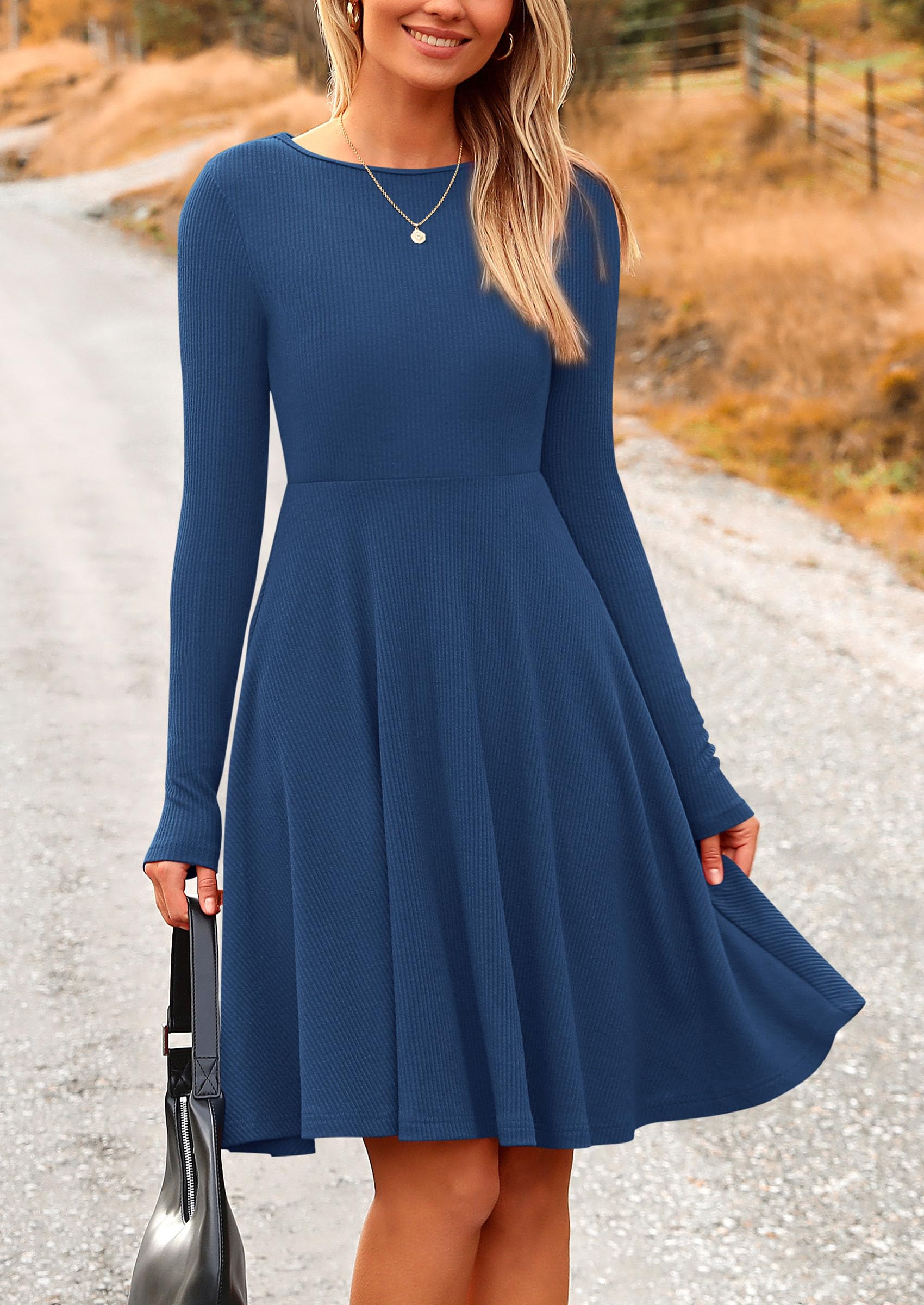 Women's Fall Casual Long Sleeve Short Dress (Dark Blue,S)