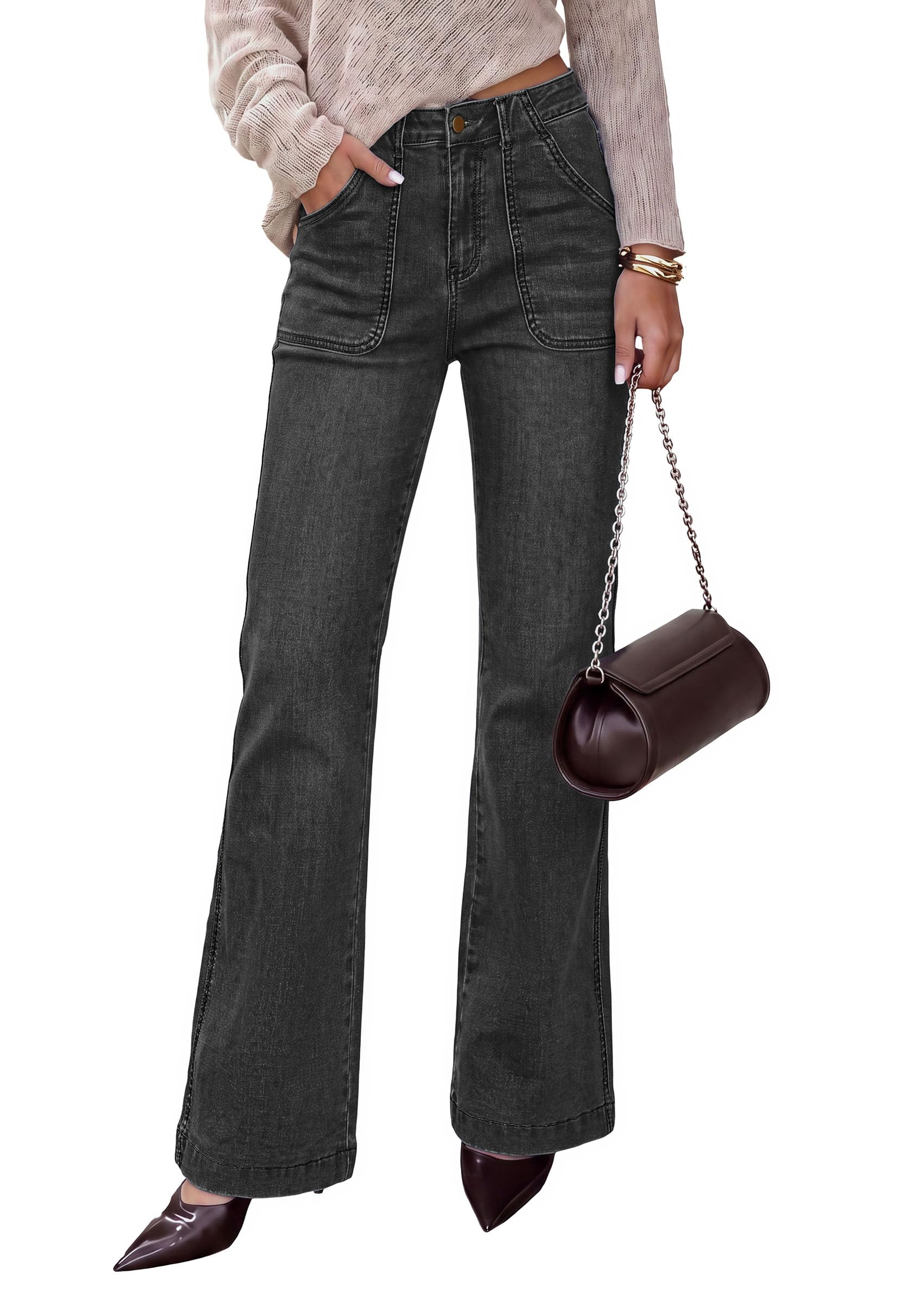 Womens High Waisted Wide Leg Jeans Demin Pants Black
