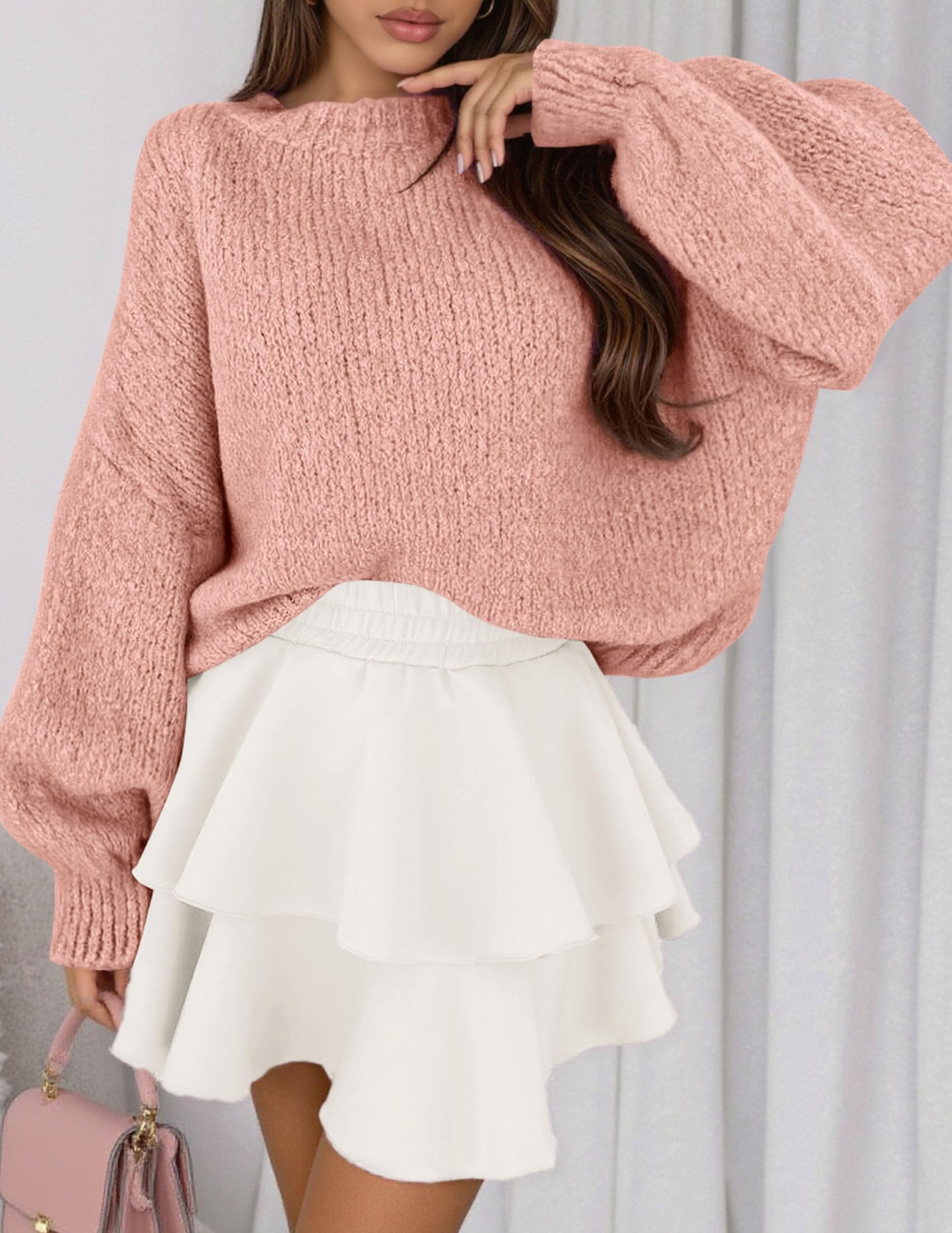 Women's Chunky Knit Oversized Pullover Sweaters,Light Pink,S