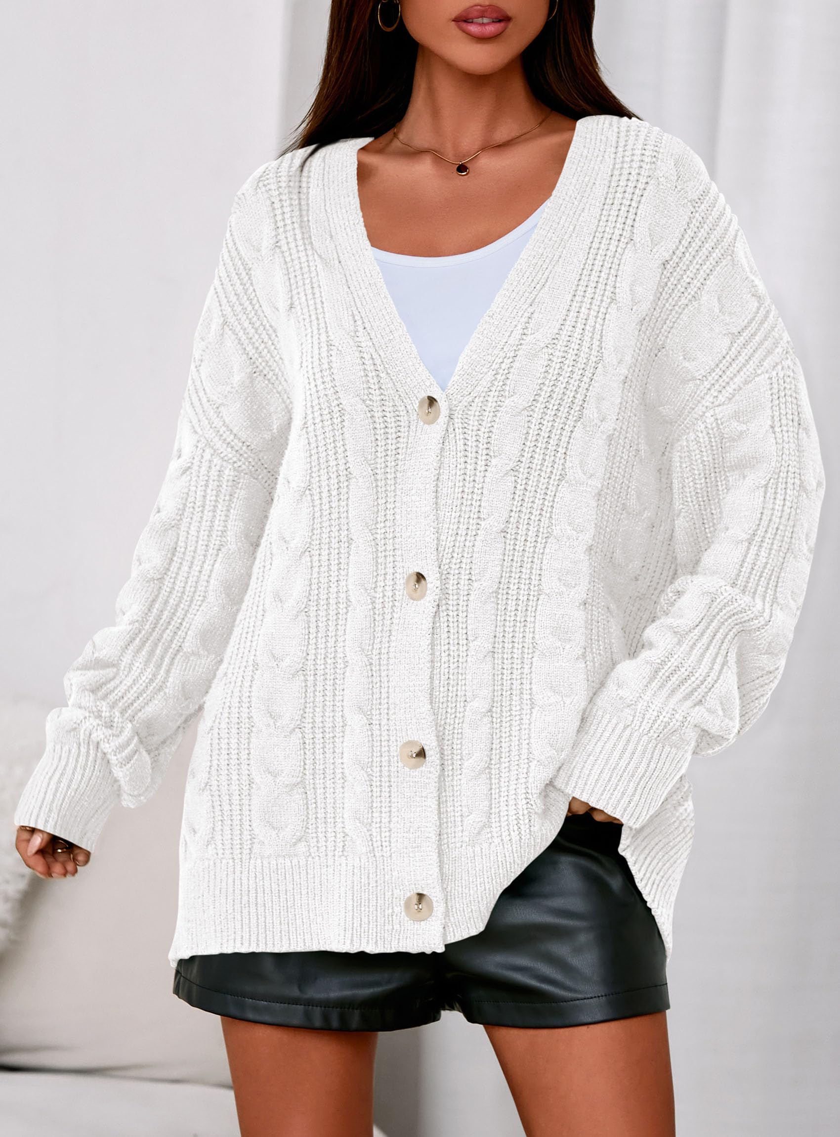 Womens Chunky Cardigan Sweaters 2025 Fall Oversized Cable Knit Long Sleeve Open Front Cardigans Winter Clothing (White,X-Large)