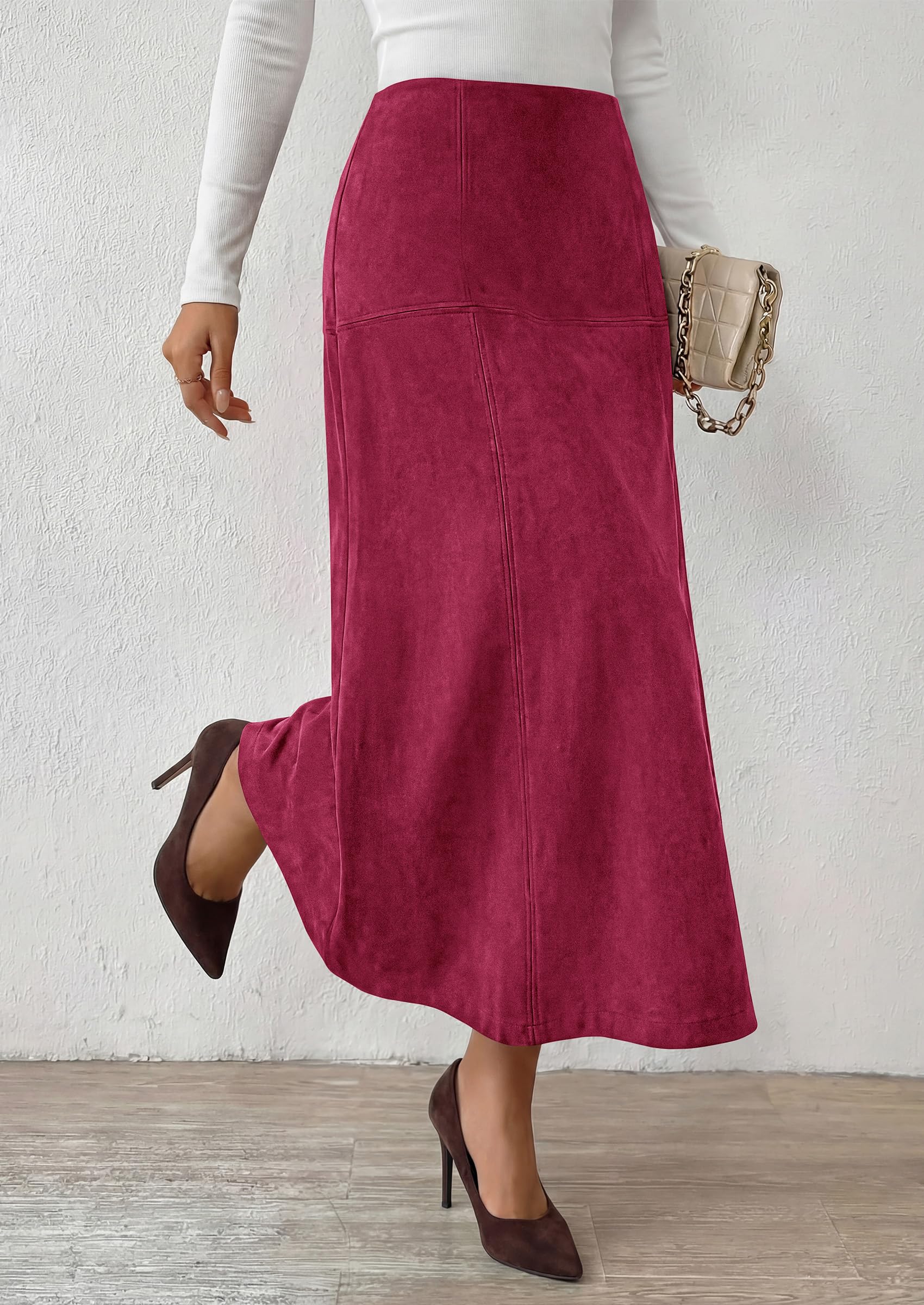 Womens High Waist Faux Suede A Line Midi Skirt,Wine Red,S