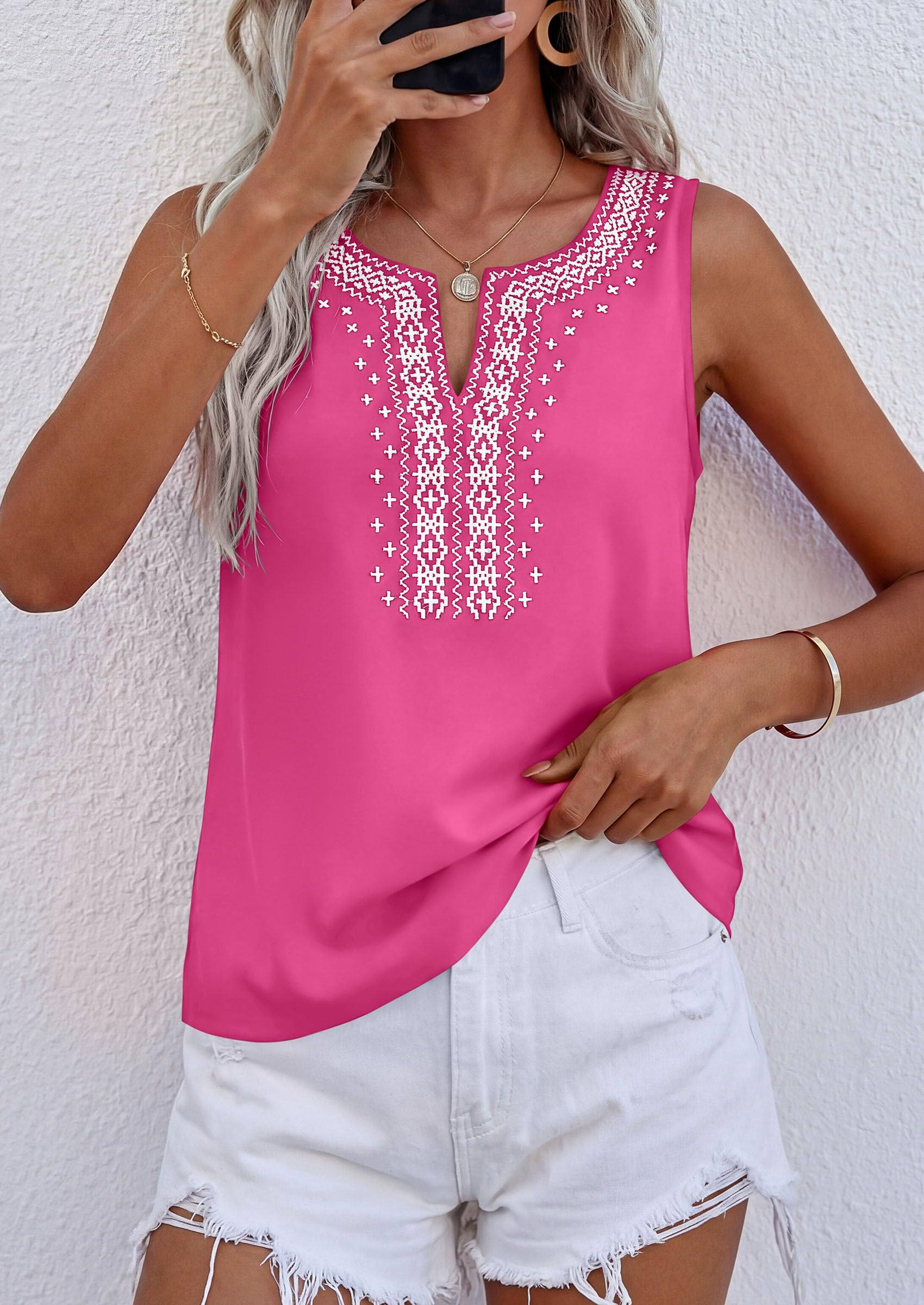 Womens Embroidered Sleeveless Tank Tops Rose Pink,S