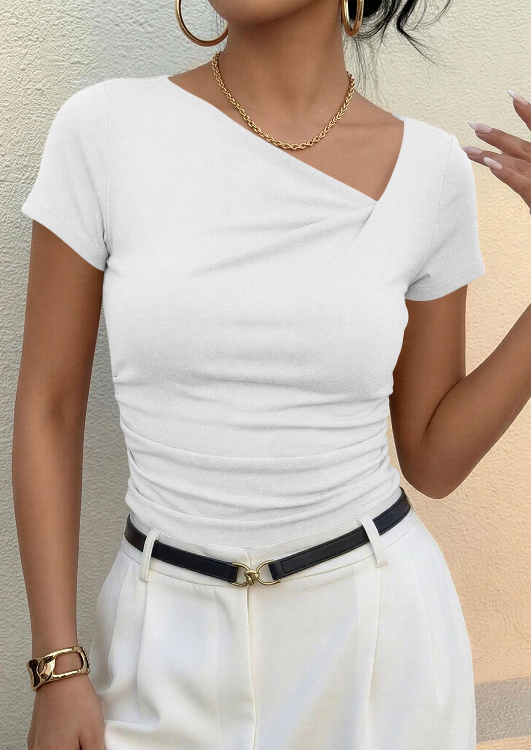 Women's Summer Trendy Asymmetrical Y2K Tops (White,S)