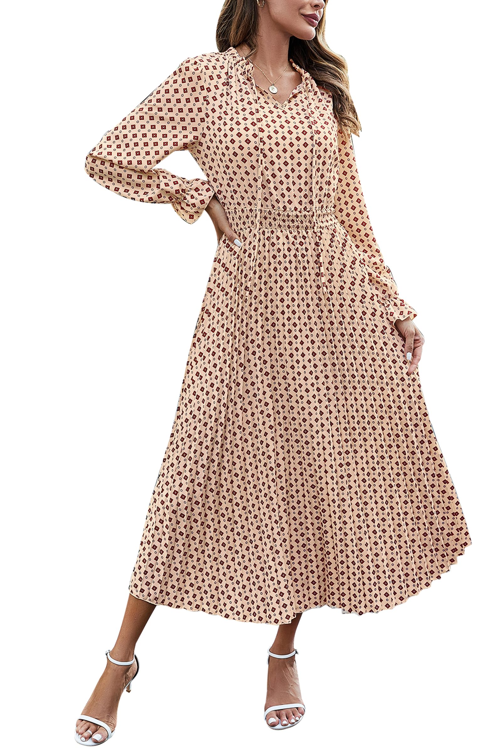 Women's Boho Floral Dress Elegant Long Sleeve V Neck Swing A Line Midi Dresses (Apricot Brown Floral,Small)