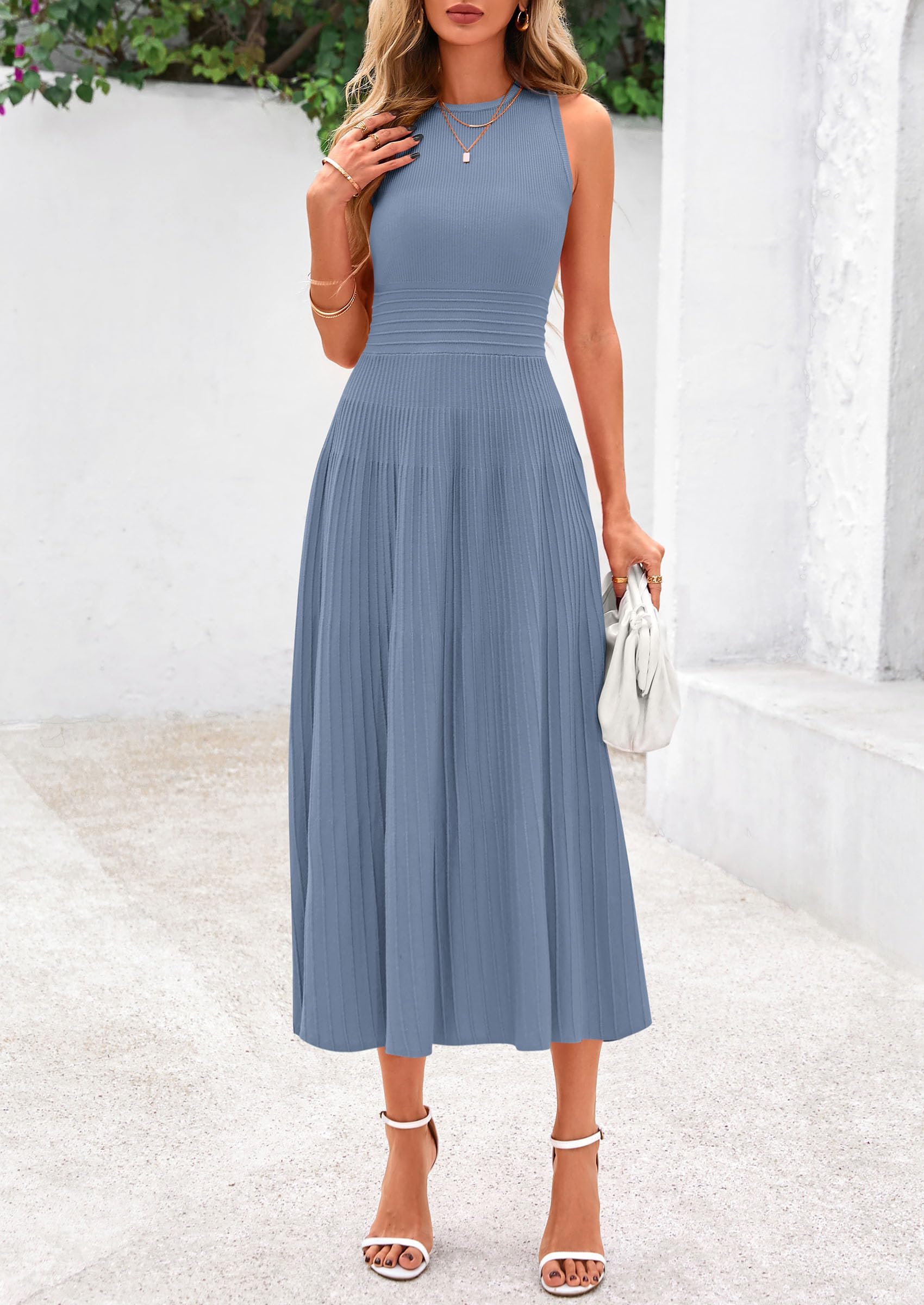 Women's Summer Pleated Midi Work Dress,Blue Grey,S