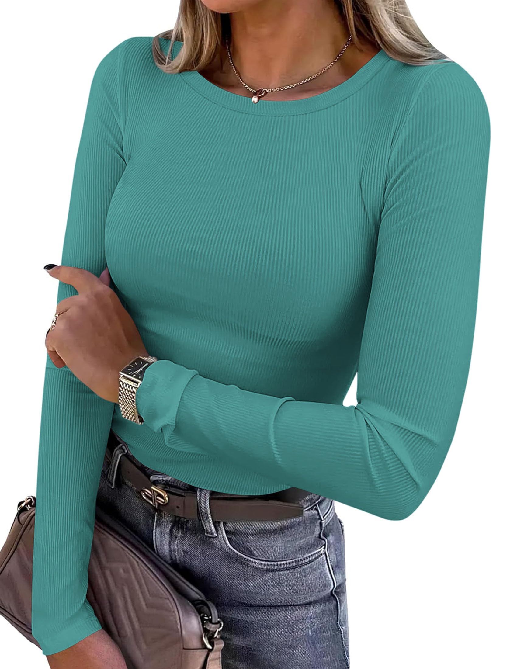 Women's Fall Long Sleeve Shirts Basic Tees (Teal,S)