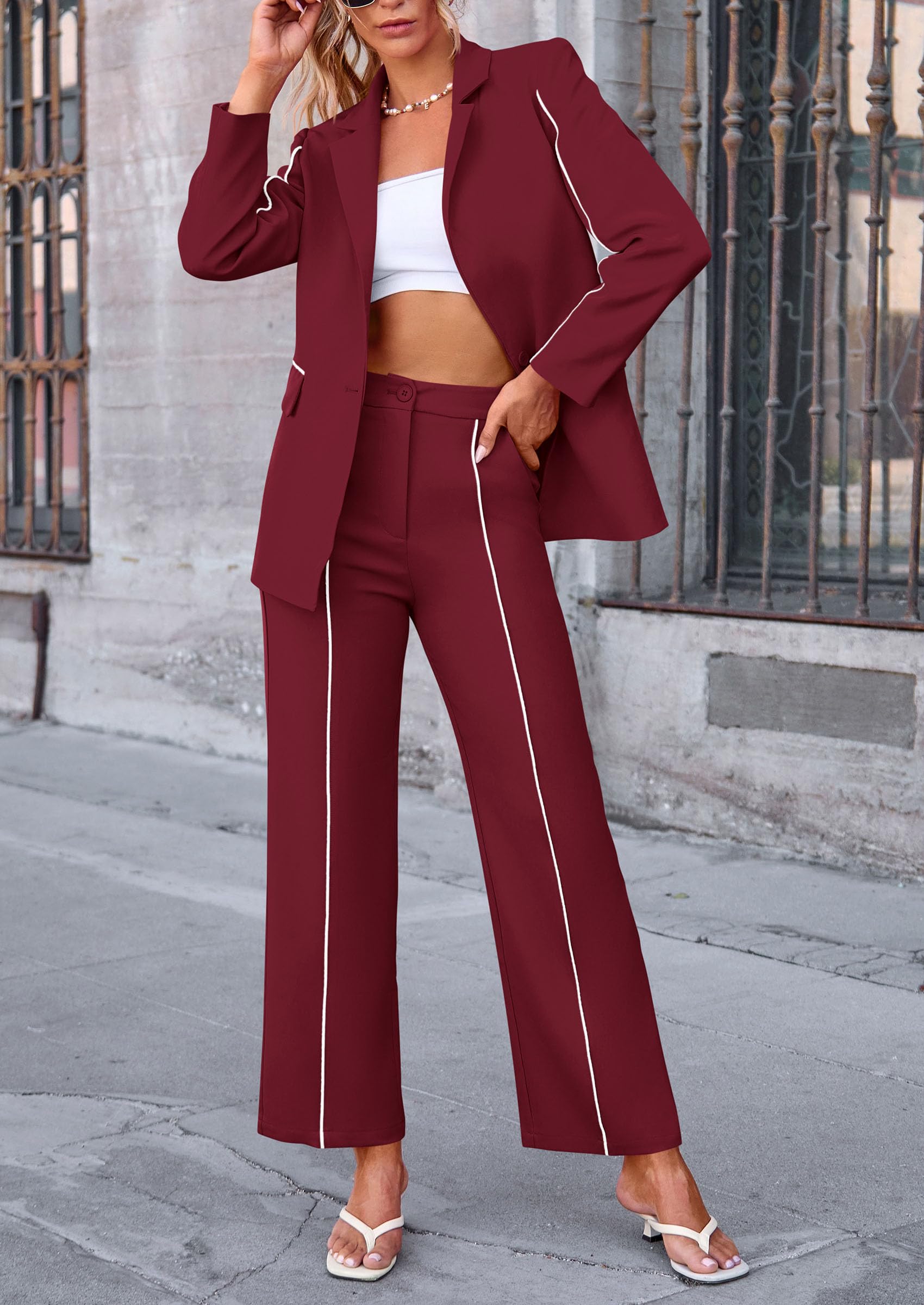 Women's 2 Piece Blazer Business Casual Outfits(Wine Red,S)