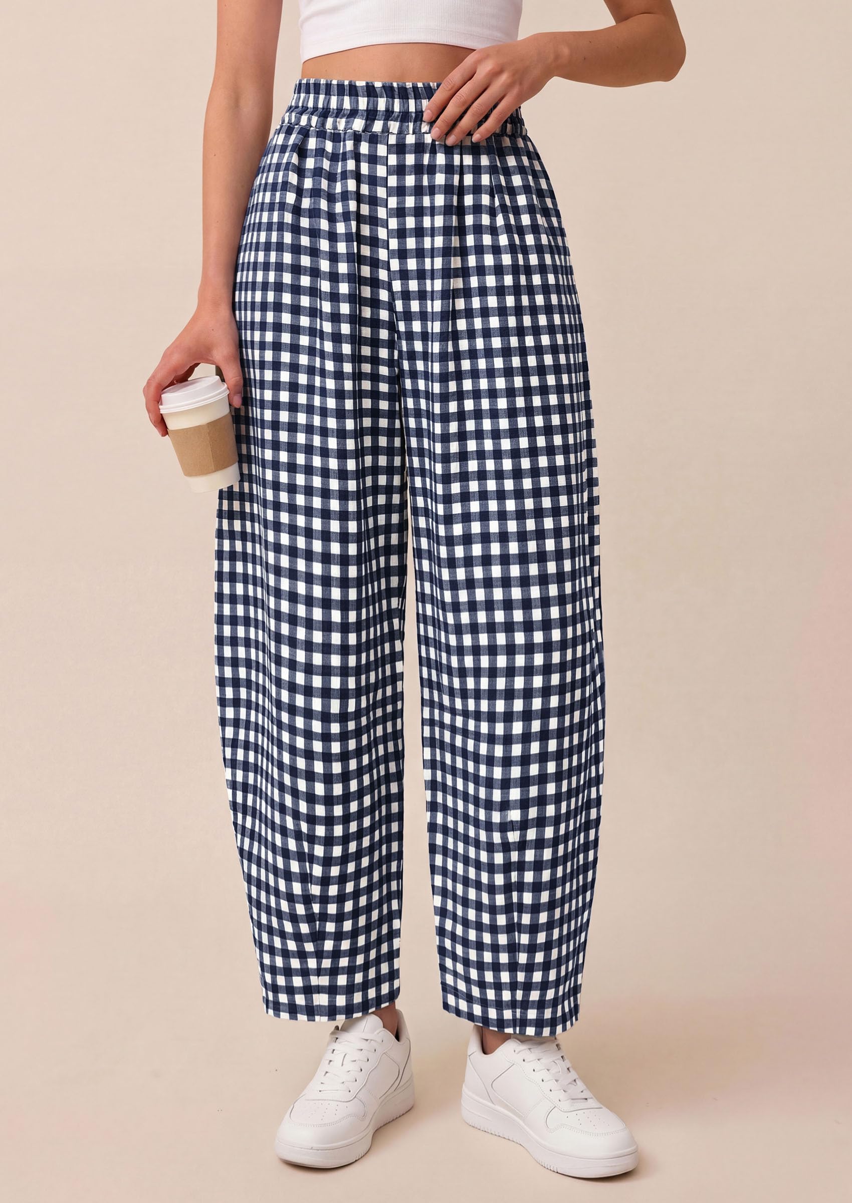 Plaid Barrel Pants Women Summer Bottoms, Navy Blue Plaid,S