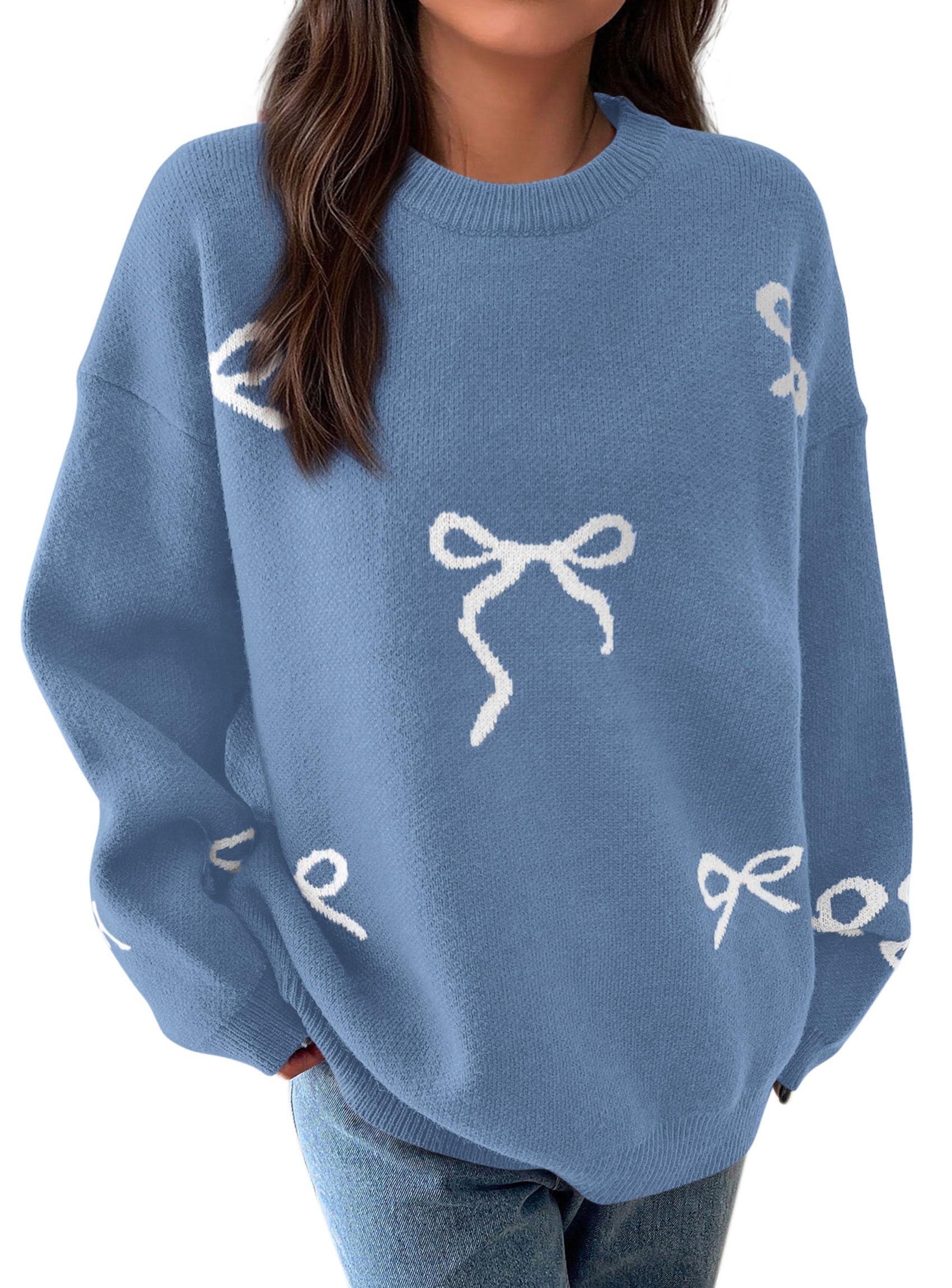 Fall Long Sleeve Pullover Sweaters for Women 2026 Trendy Crewneck Casual Cute Bow Chunky Knit Oversized Sweater (Blue Grey,Small)