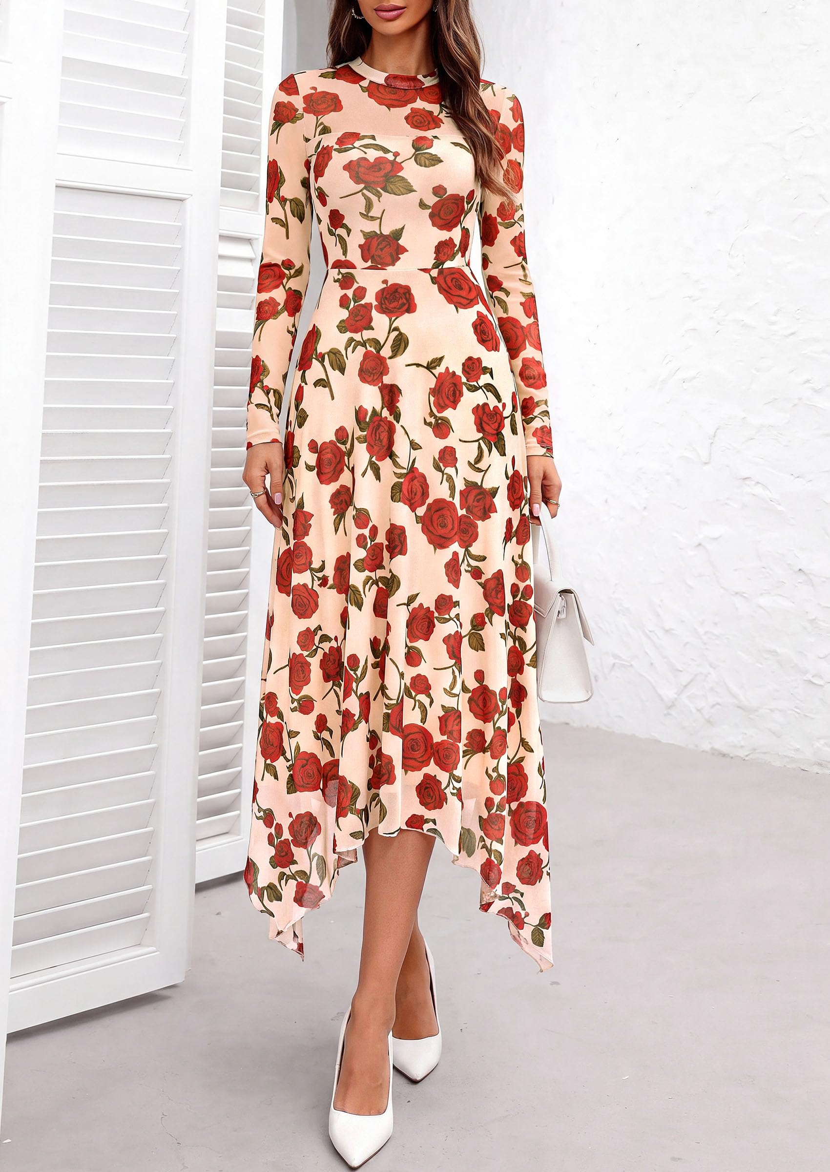 Women's Floral Mesh Midi Dress,Floral Apricot Red,S