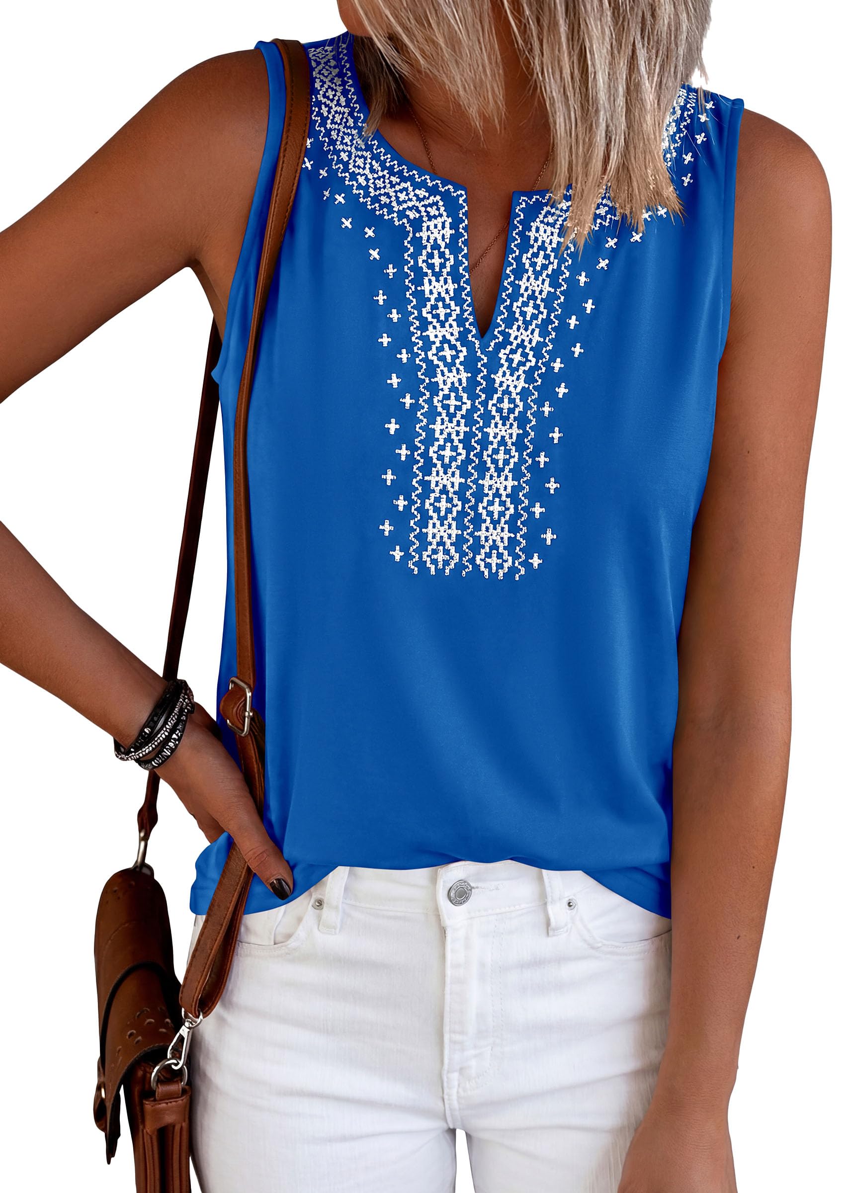 Womens Embroidered Sleeveless Tank Tops Blue,S