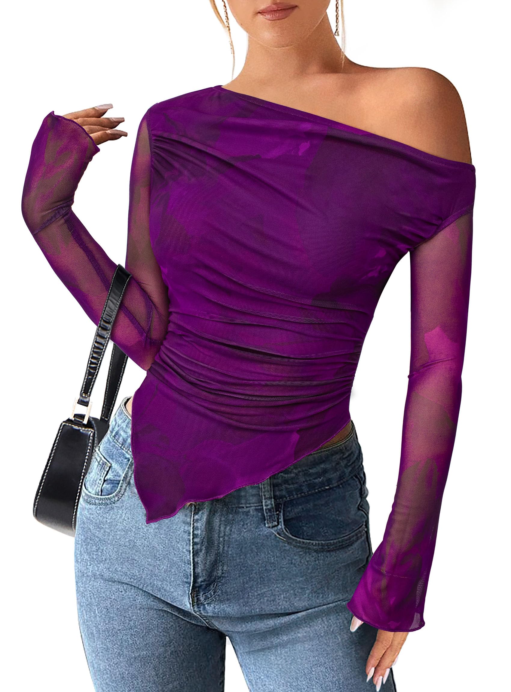 Womens Off Shoulder Mesh Y2k Tops,Print Purple,XS
