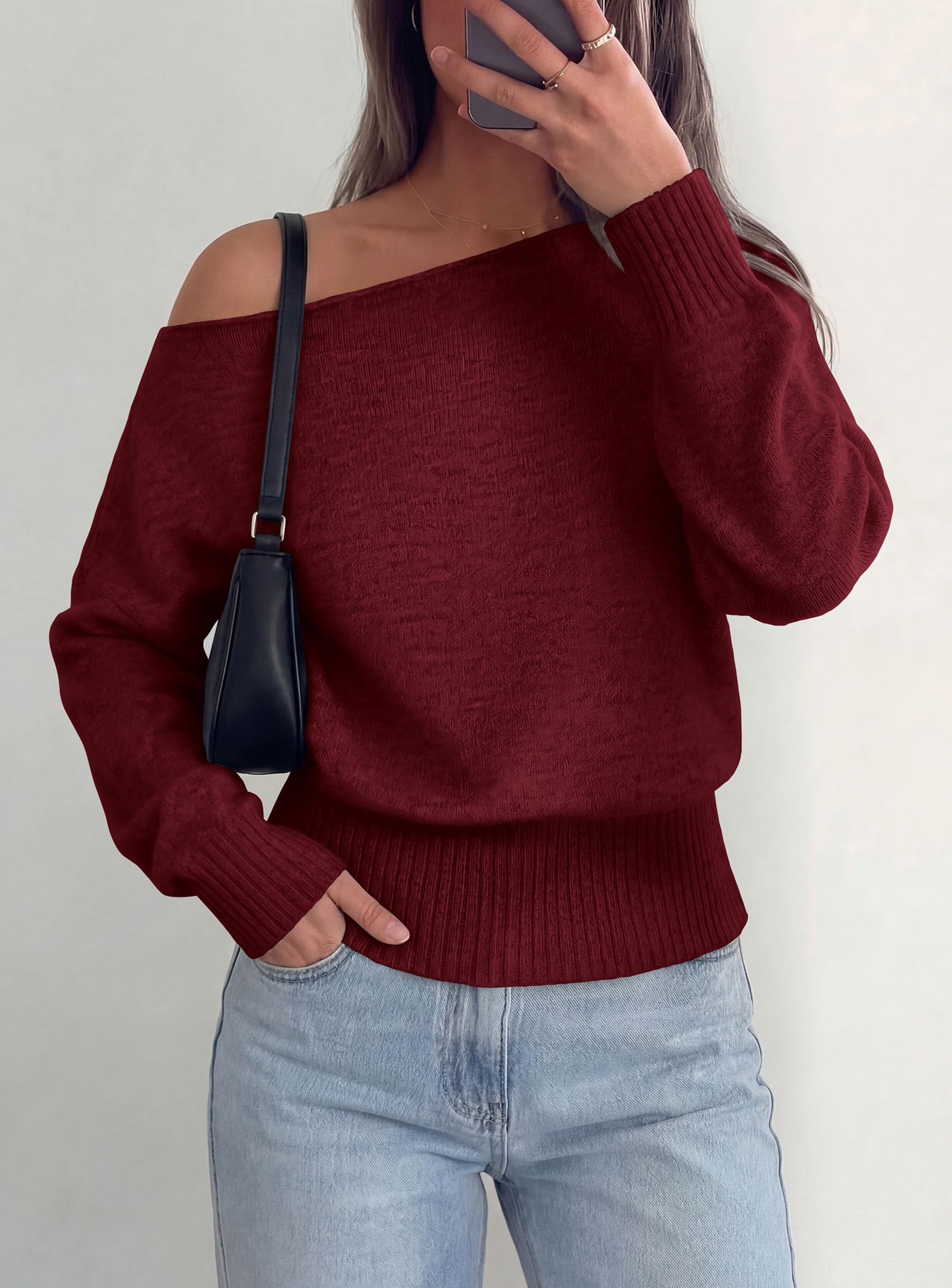 Womens Off The Shoulder Sweater Fall Fashion,Wine Red,S
