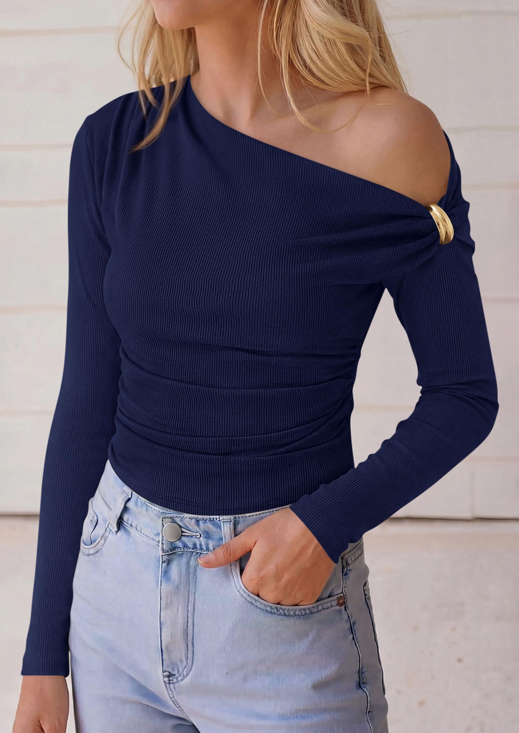 Womens Off The Shoulder Asymmetrical Tops Long Sleeve Shirts