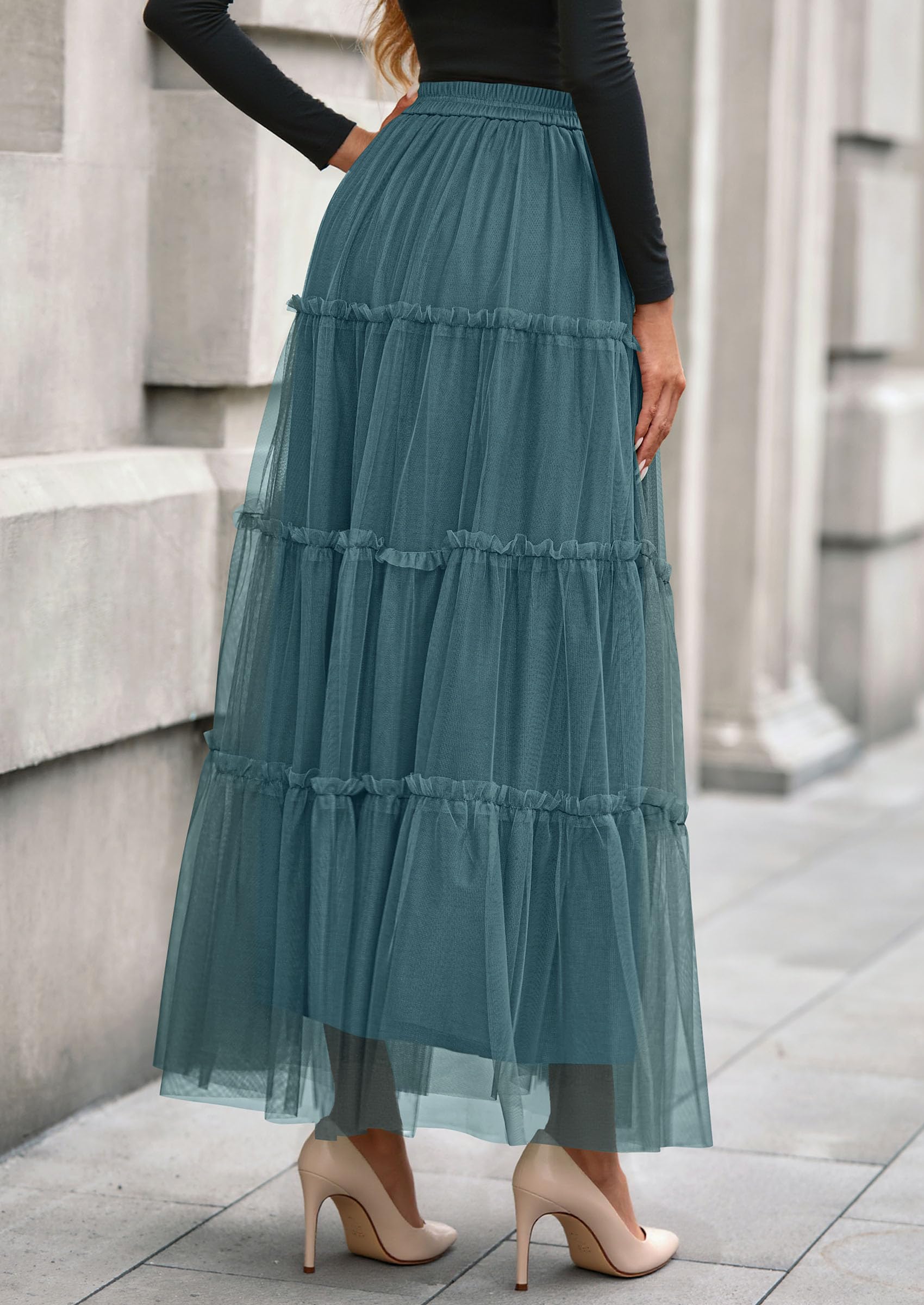 Women's Fall Soft Tulle Tiered Long Skirt,Sage Green,M