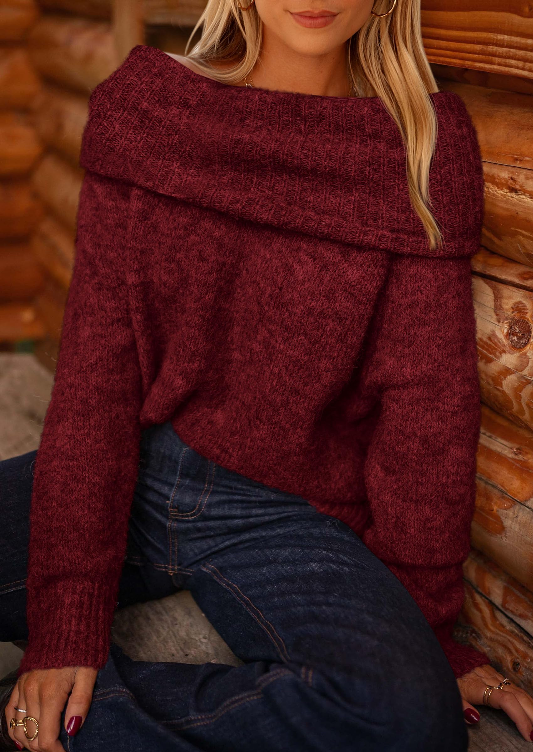 Women's Fall Off The Shoulder Sweater,Wine Red,S