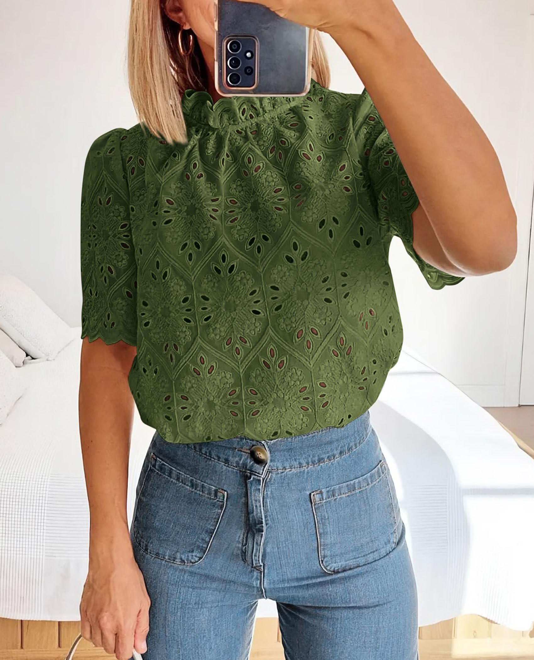 Women Summer Tops Eyelet Embroidered Shirts,Army Green,XS