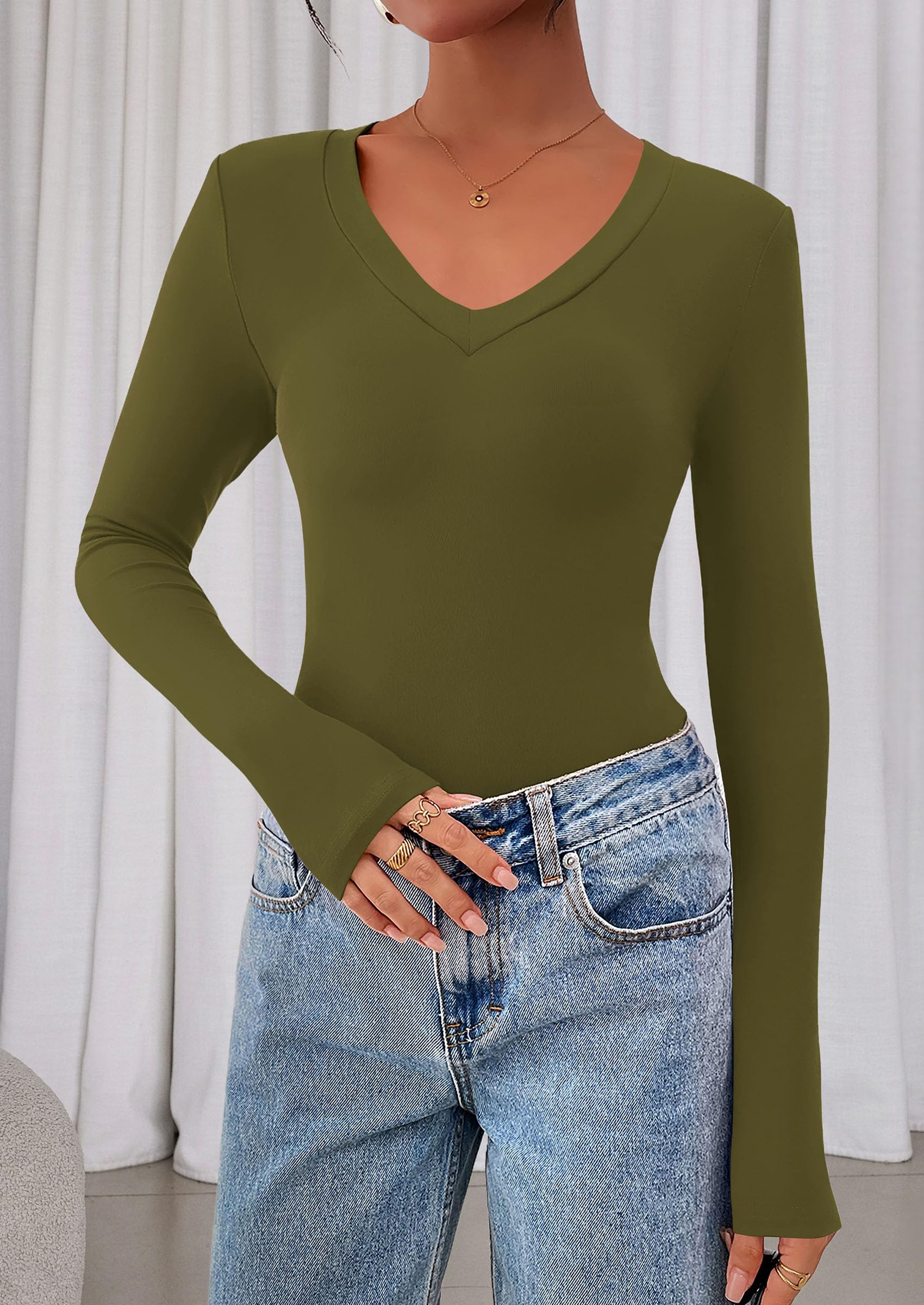Womens Long Sleeve Slim Fit Crop Tops,Army Green,XS