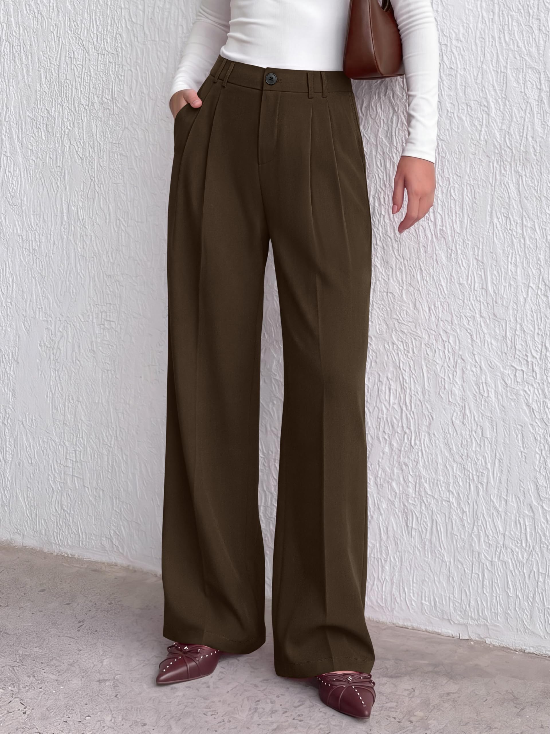 Women's Dress Pants Wide Leg Flowy Trousers,Coffee,L