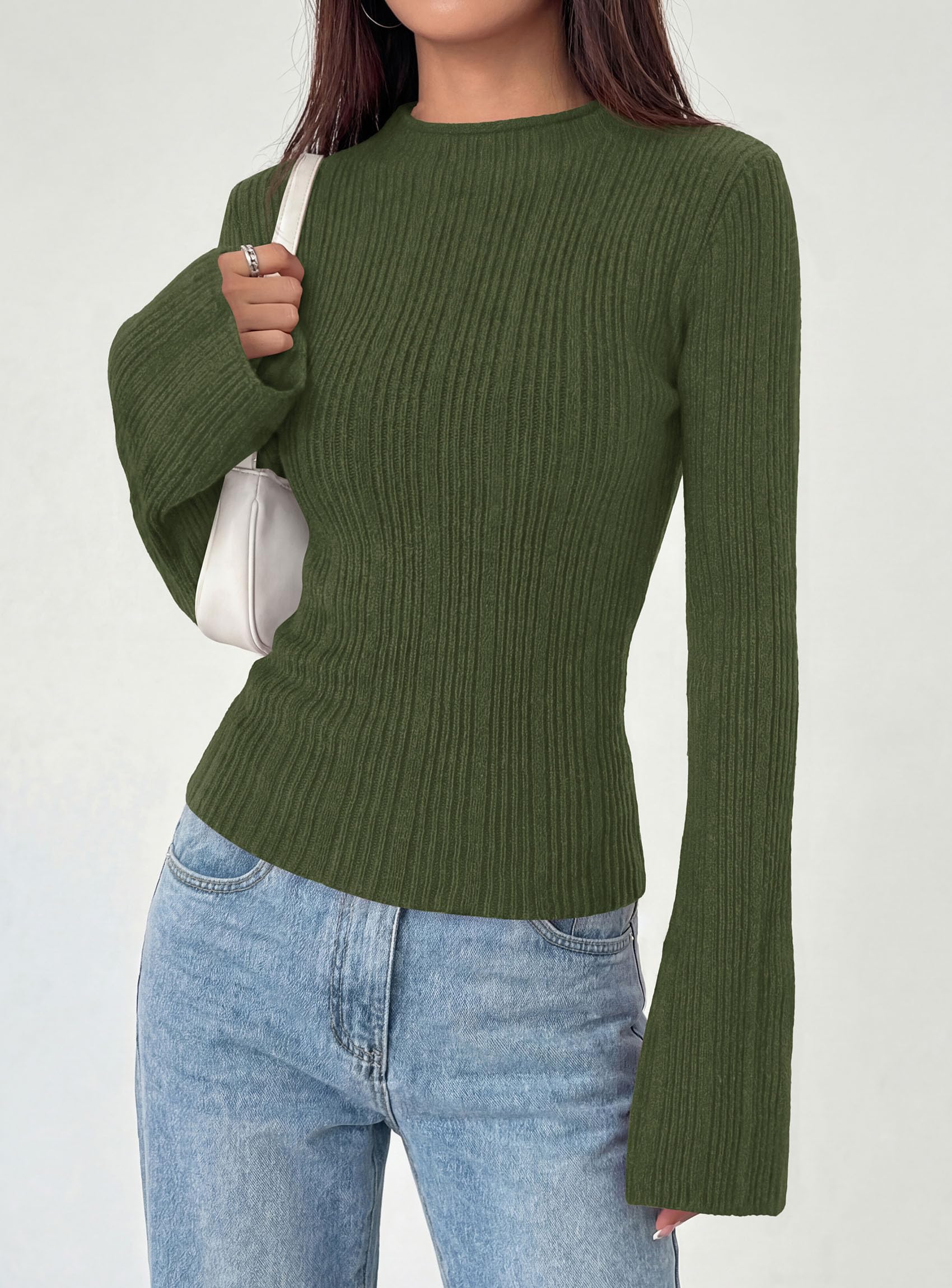 Womens Bell Long Sleeve Tops Mock Neck Sweaters,Army Green,S
