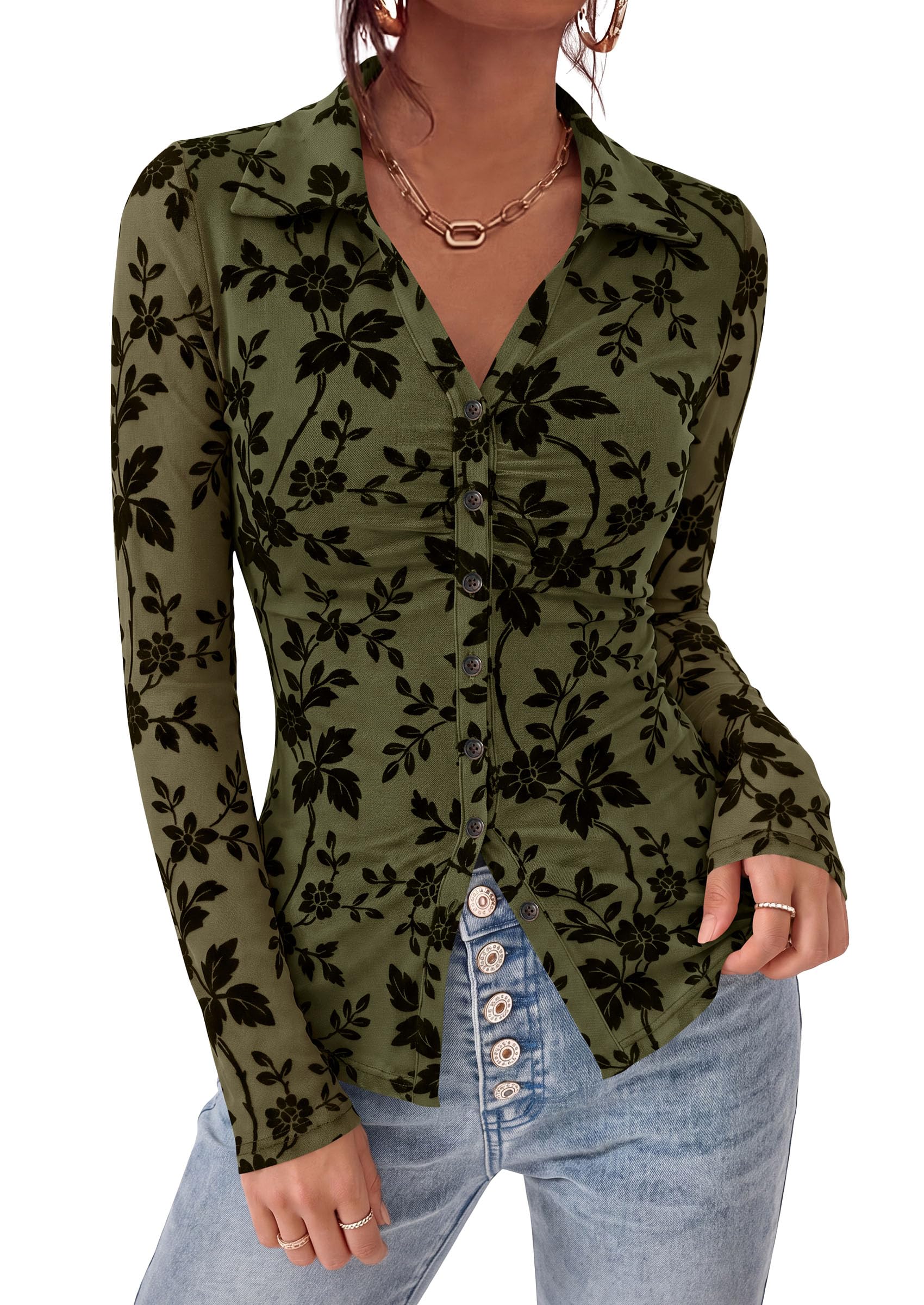 Women's Long Sleeve Floral Mesh Boho Tops Button Down Shirts