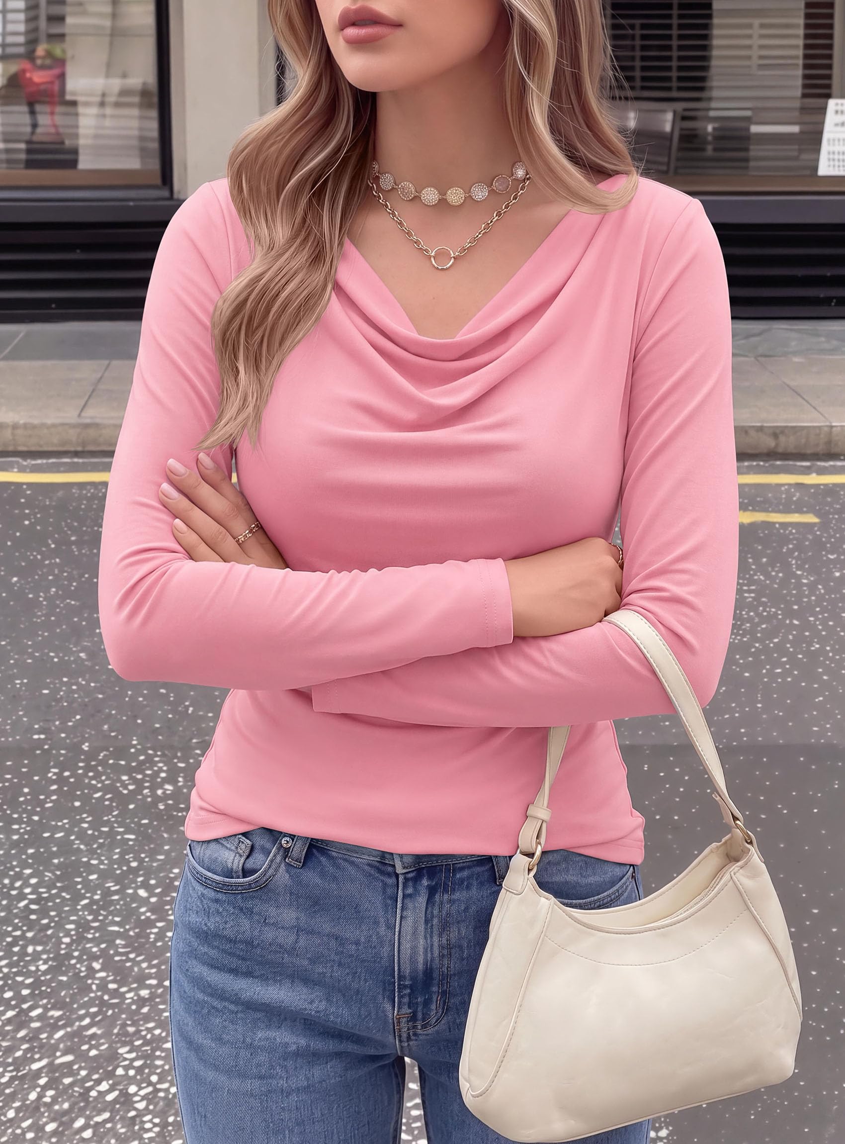Cowl Neck Tops for Women Fashion Long Sleeve Shirt Pink