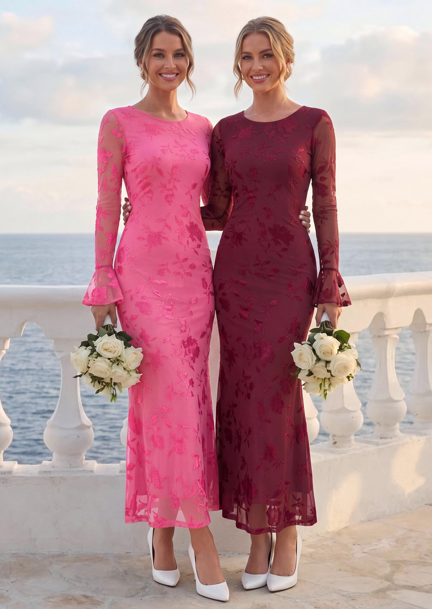 Women's Long Sleeve Maxi Floral Mesh Fall Wedding Guest Dress