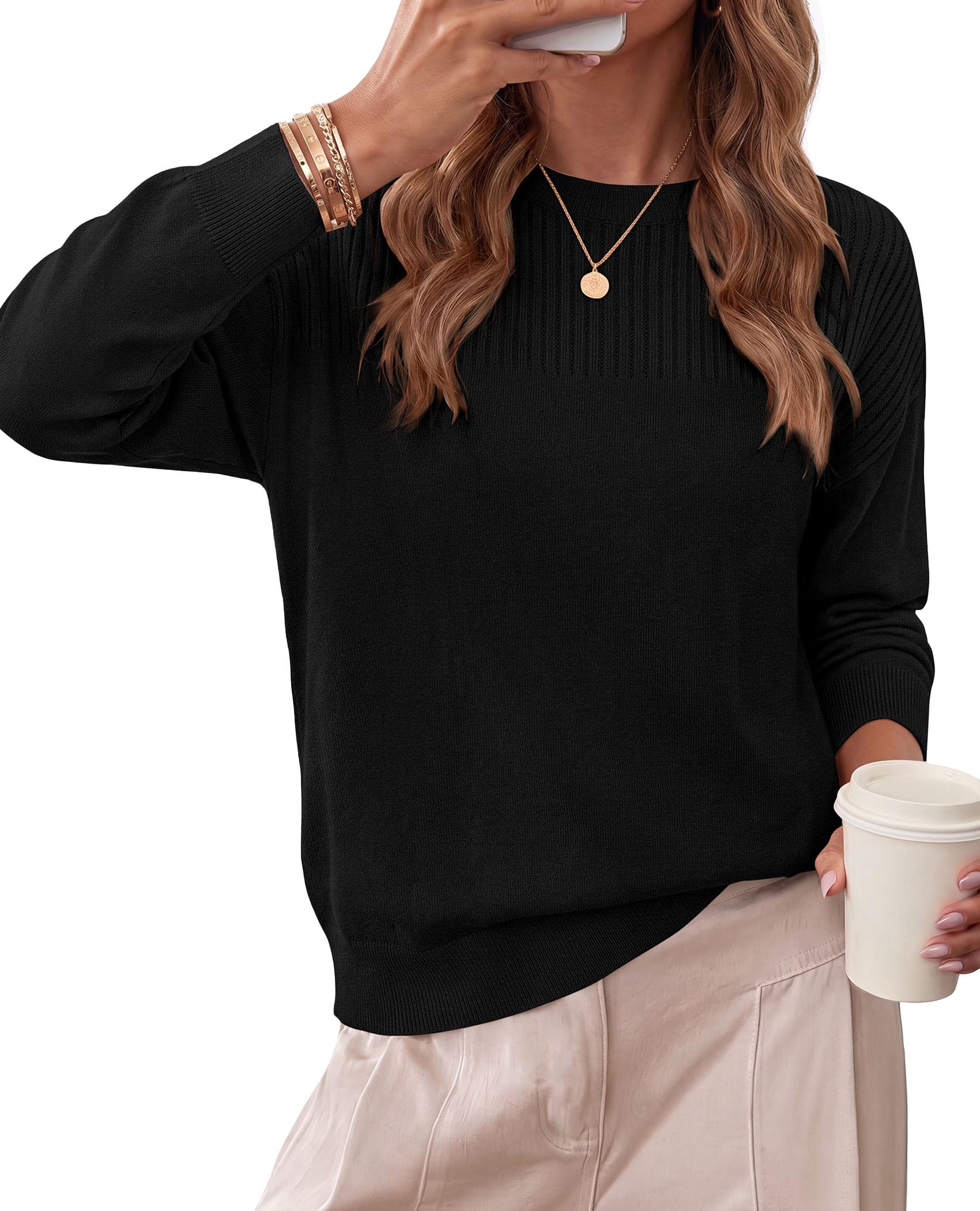 Sweaters for Women Fall Crewneck Knit Cropped Sweater Black