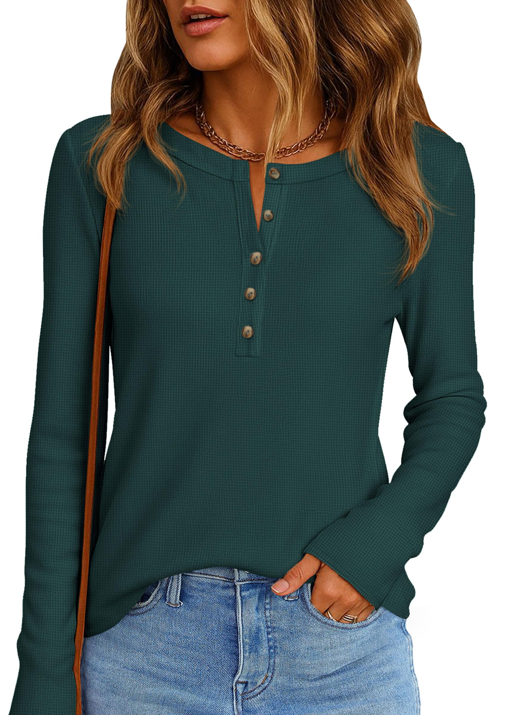 Women's Long Sleeve Waffle Knit Henley Shirts Loose Tunic Tops