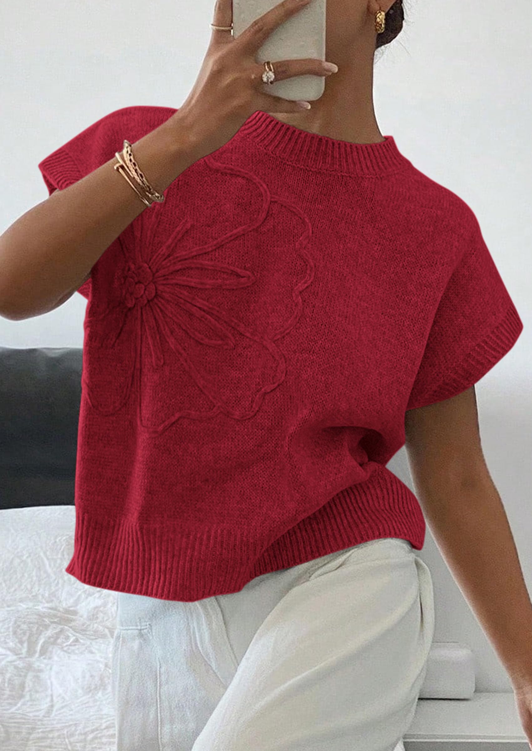 Women's Summer Short Cap Sleeve Sweater Vest (Red,S)