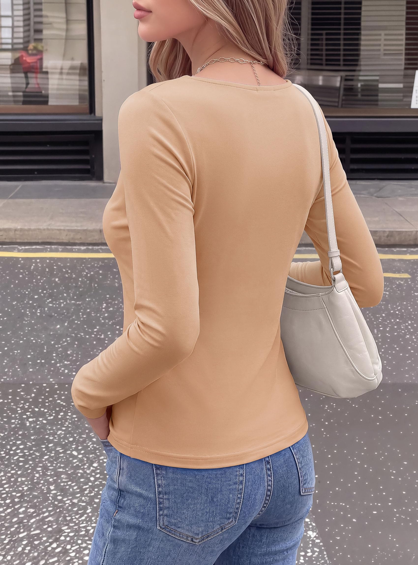 Cowl Neck Tops for Women Fashion Long Sleeve Shirt Khaki
