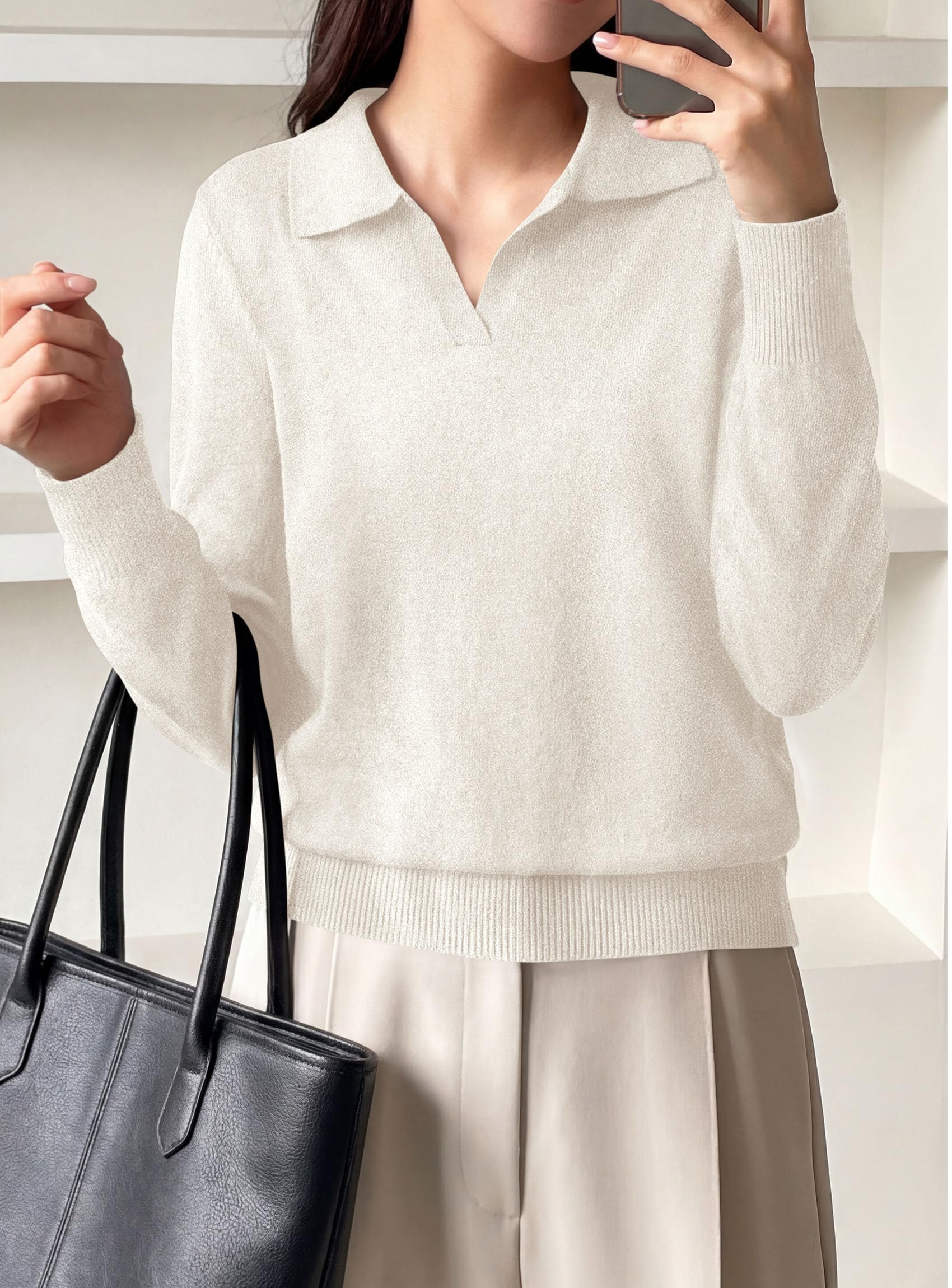 Womens Long Sleeve Collared Polo Sweater,White,M