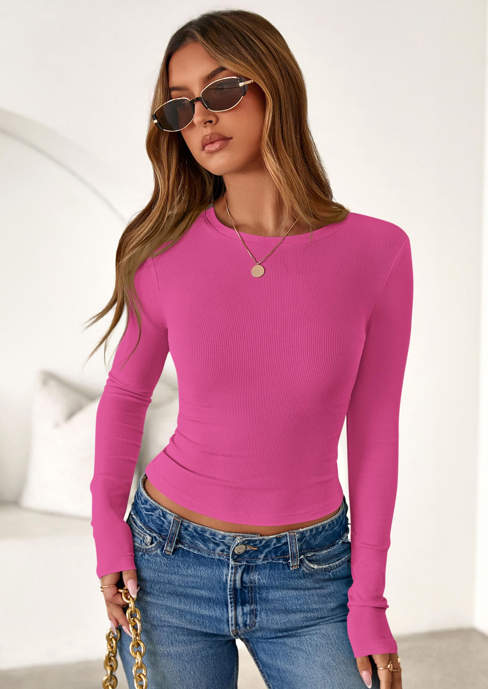 Women's Fall Long Sleeve Shirts Basic Tees (Hot Pink,XS)