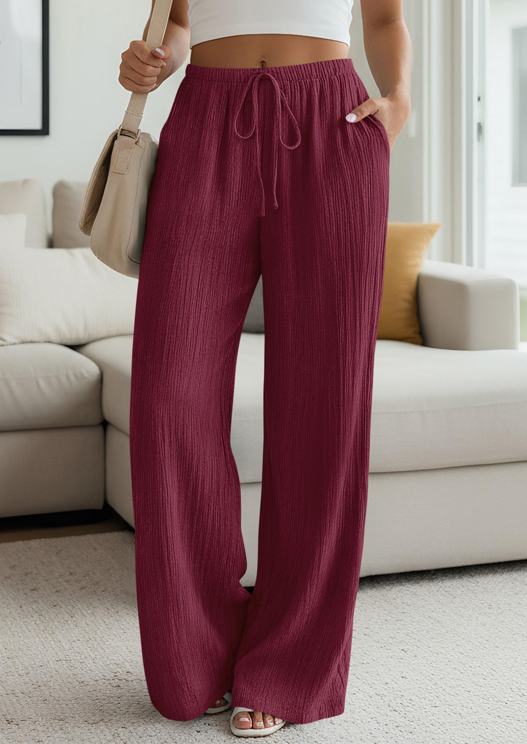 Women's Palazzo Pants Casual Wide Leg Trousers,Burgundy,S
