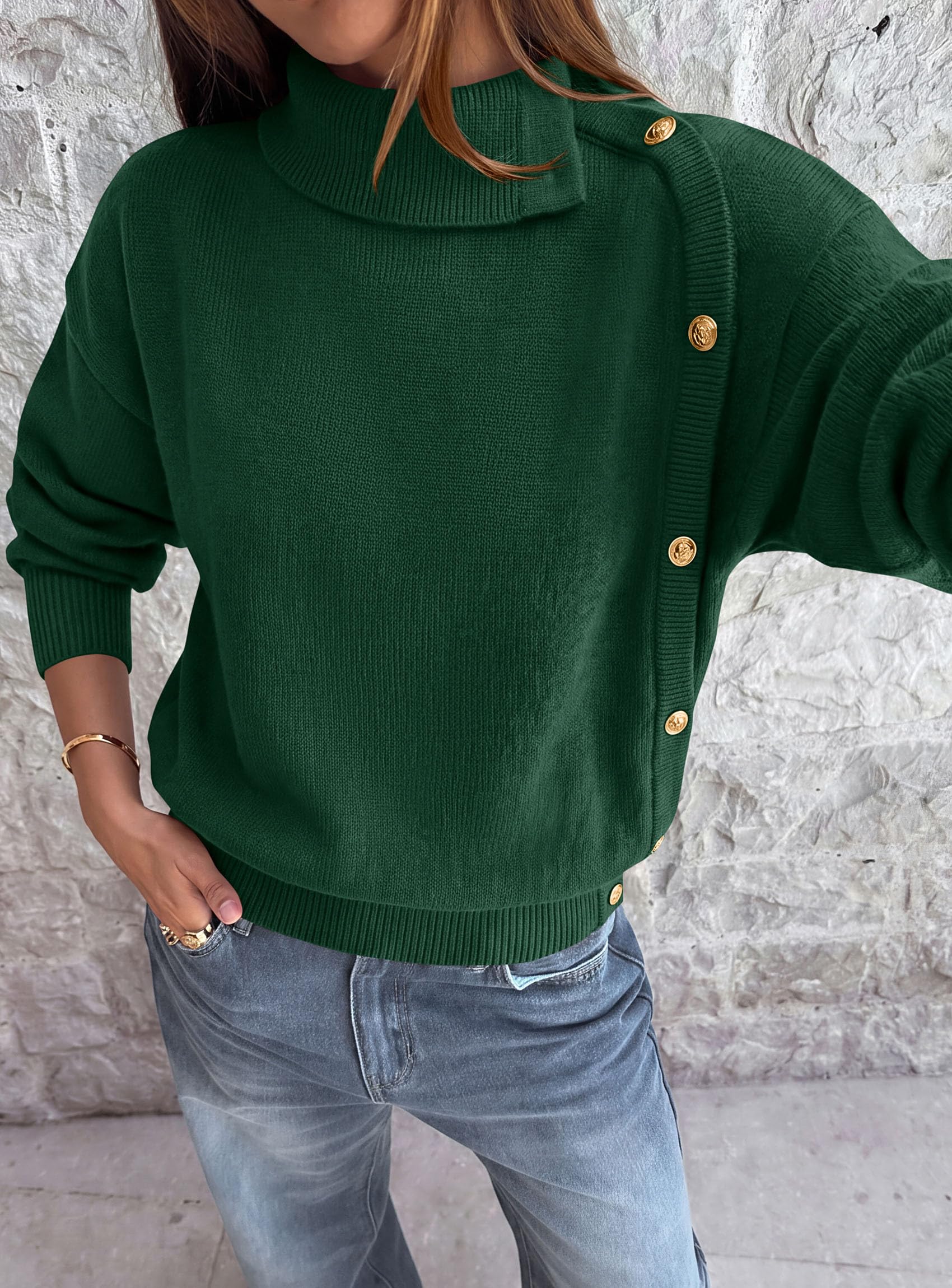 Womens Turtleneck Sweater Pullover Side Button Fall Clothes