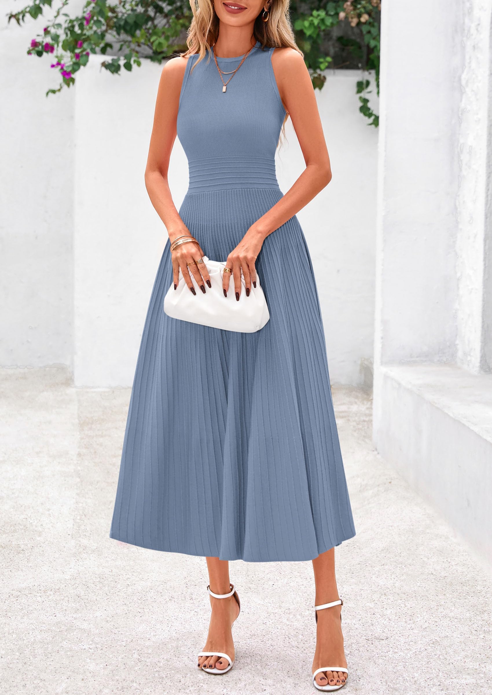 Women's Summer Pleated Midi Work Dress,Blue Grey,S