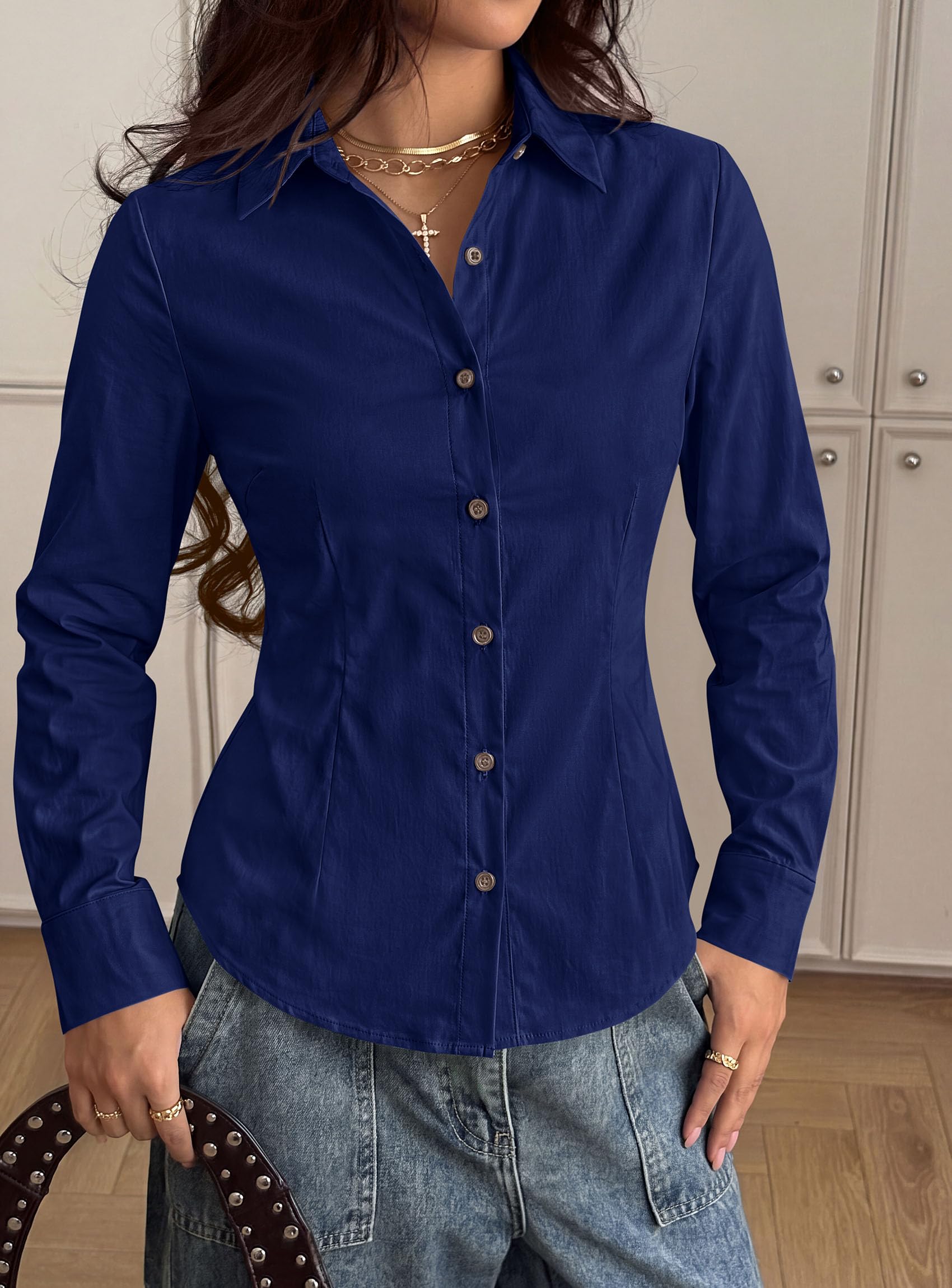 Womens Button Down Shirts Long Sleeve Blouse (Navy,S)
