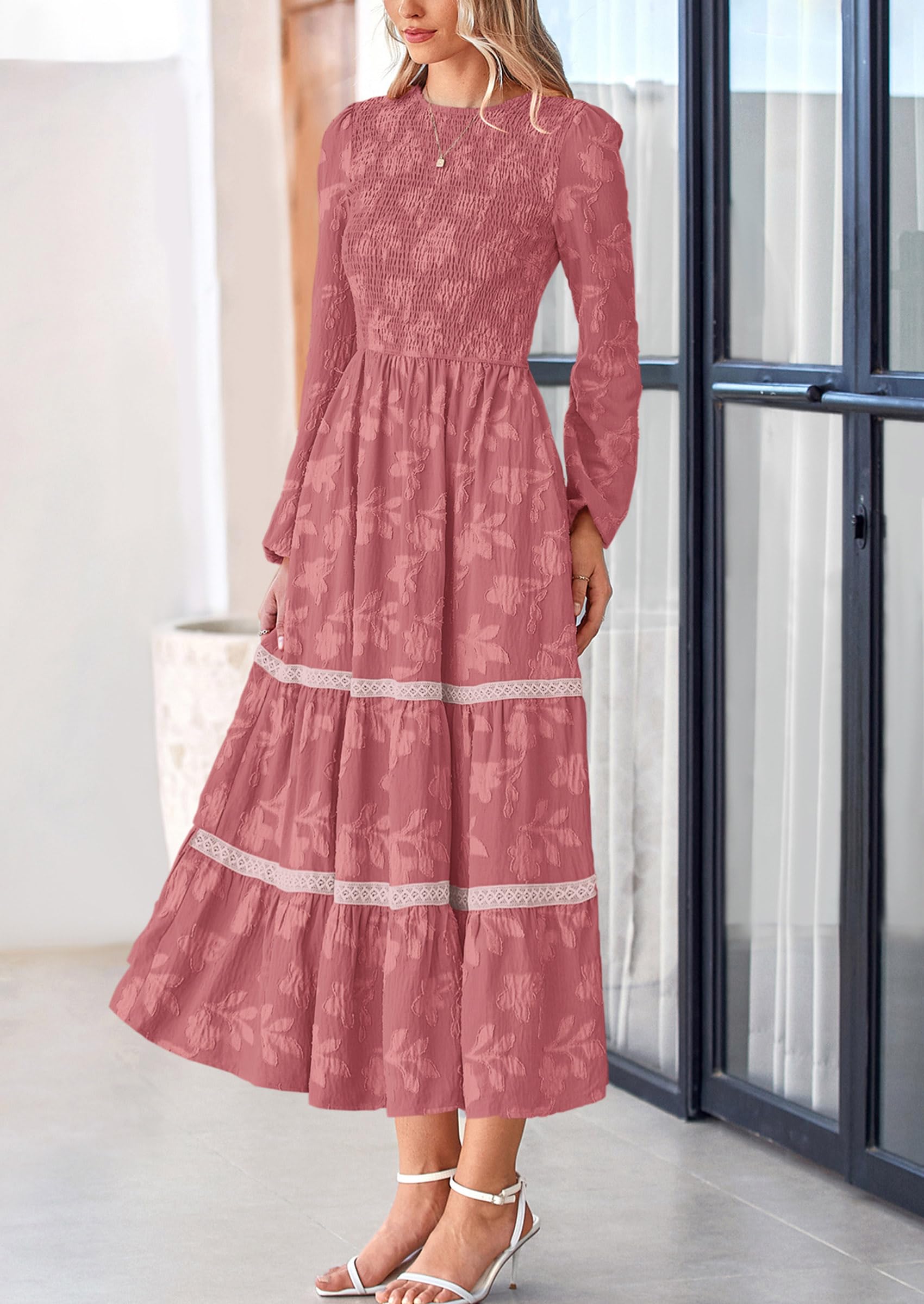Women's Long Sleeve Boho Floral Midi Dress, Bean Paste Pink,S